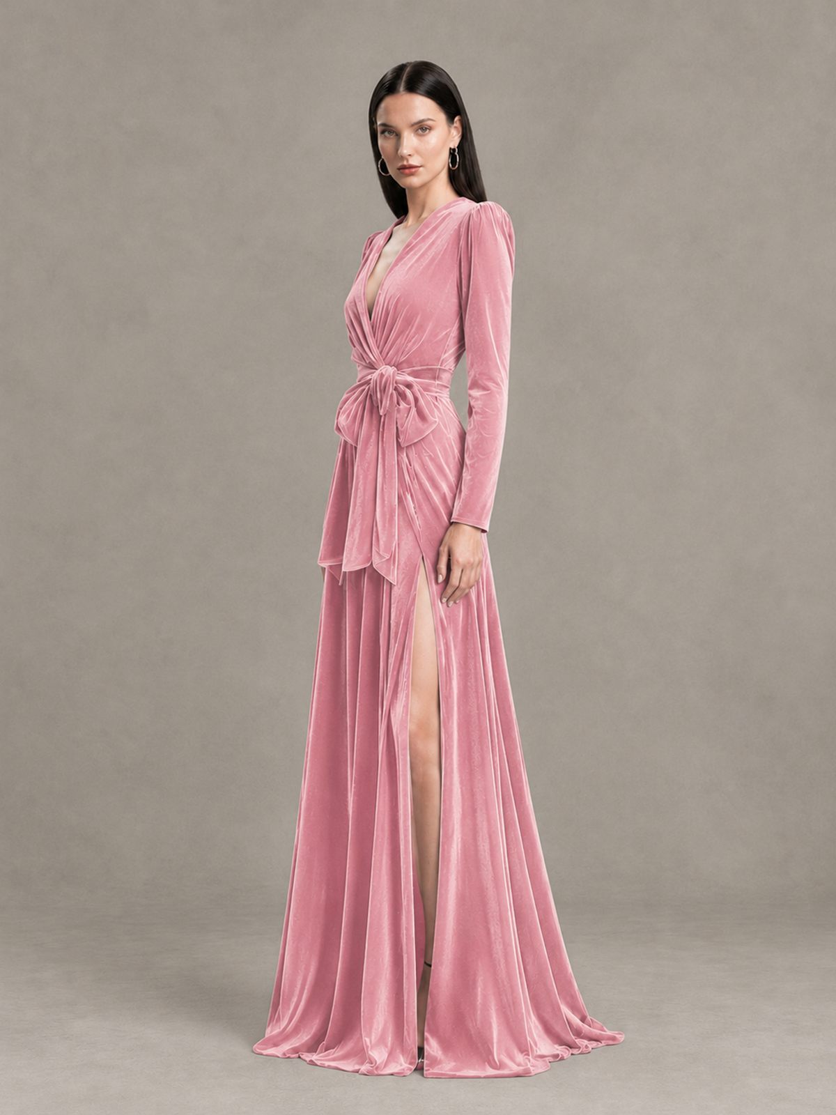 BOLODOO Pink Long Sleeve Velvet-Look Evening Dress with High Slit - Pink - Pink_3