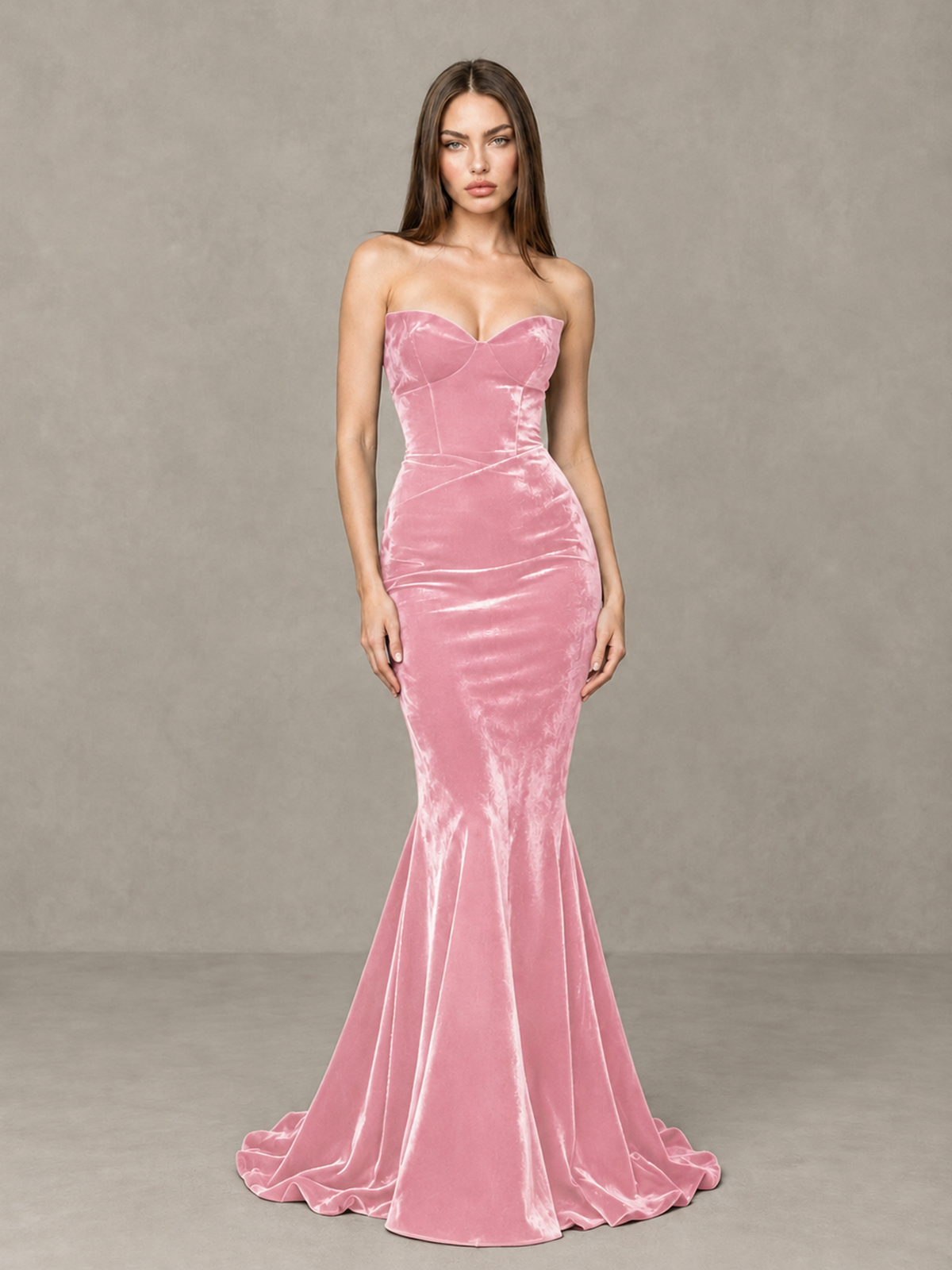 BOLODOO Pink Strapless Sweetheart Velvet-Look Mermaid Evening Dress - Pink - Pink_3