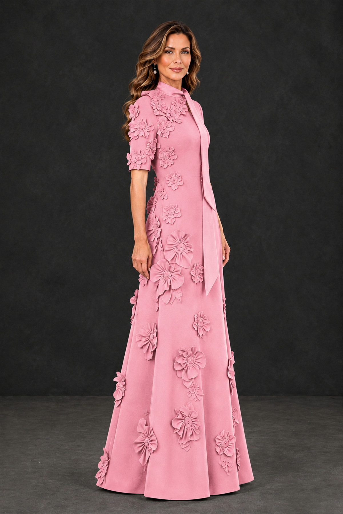 BOLODOO Pink Floral Applique High-Neck Half-Sleeve Gown - Pink - Pink_3