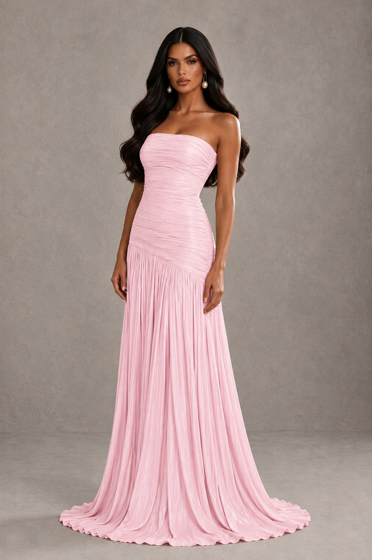 BOLODOO Pink Metallic Ruched Strapless Pleated A-Line Backless Maxi Dress with Train - Pink - Pink_3