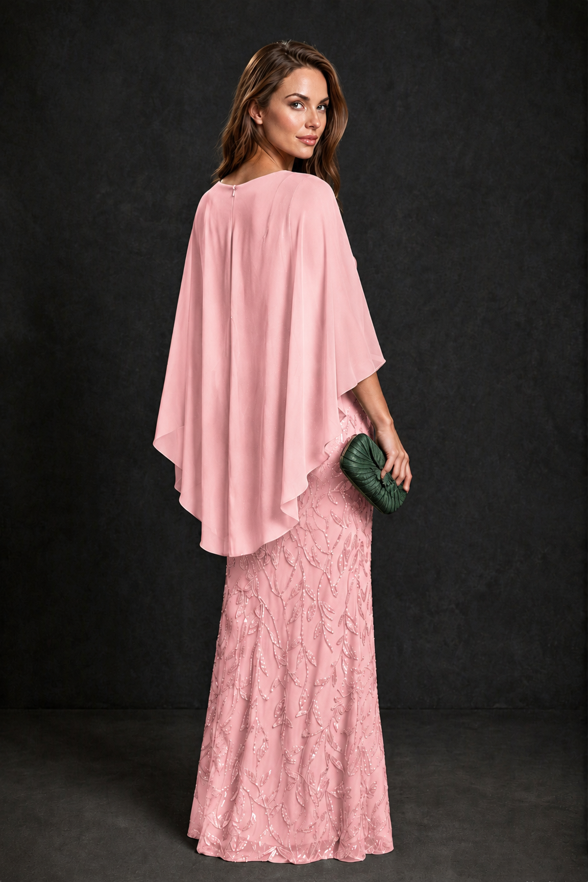 BOLODOO Pink Round Neck Chiffon Cape Overlay Sequin Lace Mermaid Maxi Dress - Pink - Pink_3
