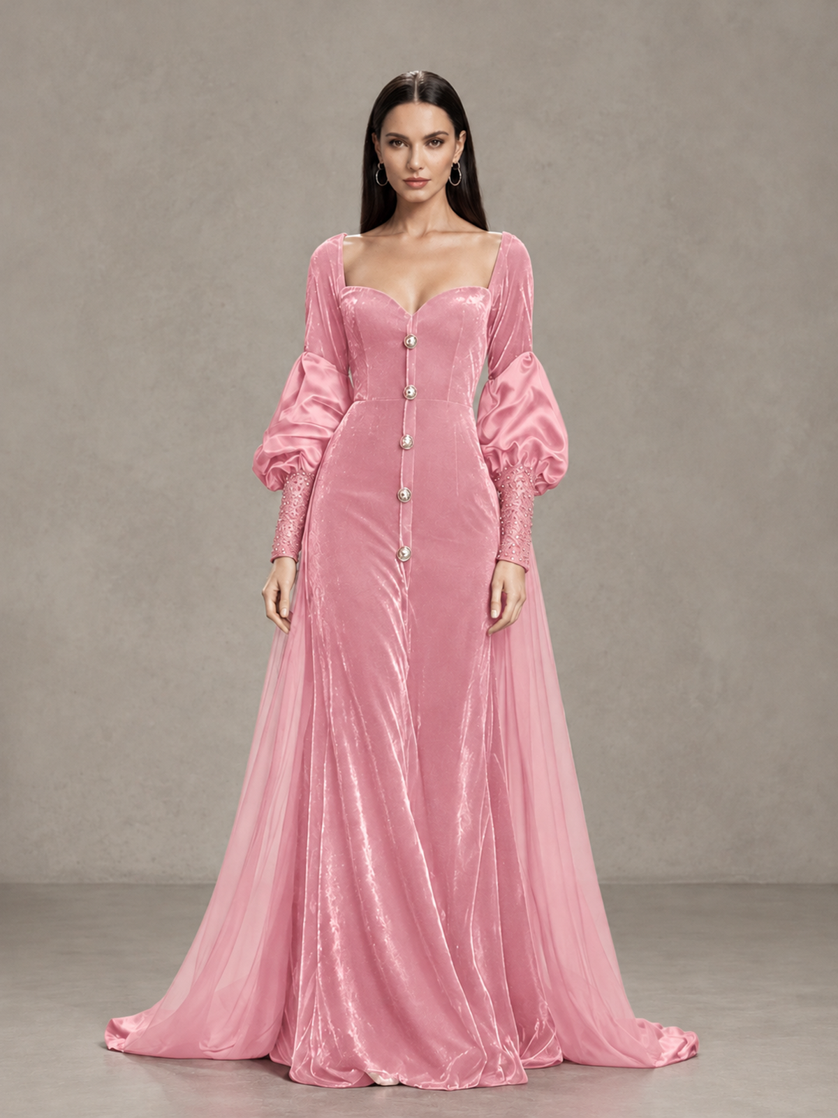 BOLODOO Pink Velvet Long Sleeve Open-Back Evening Gown - Pink - Pink_3