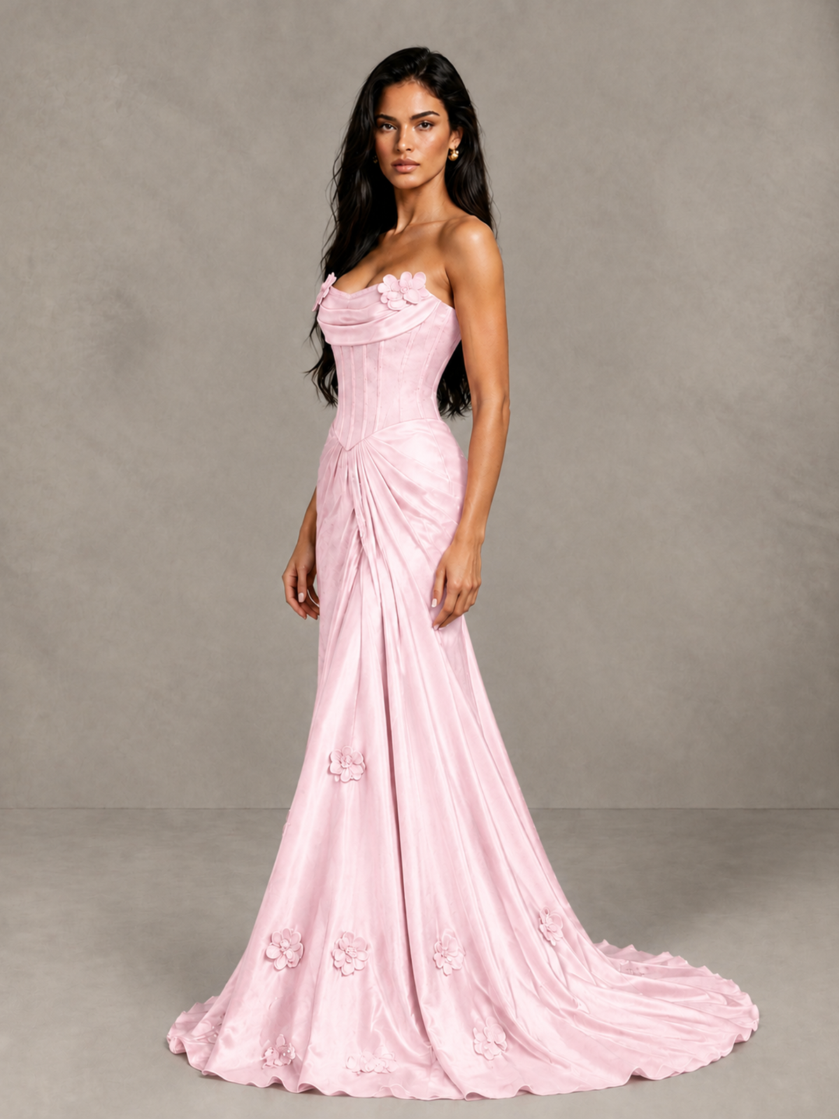 BOLODOO Pink Strapless Floral Corset Evening Gown with Train - Pink - Pink_3