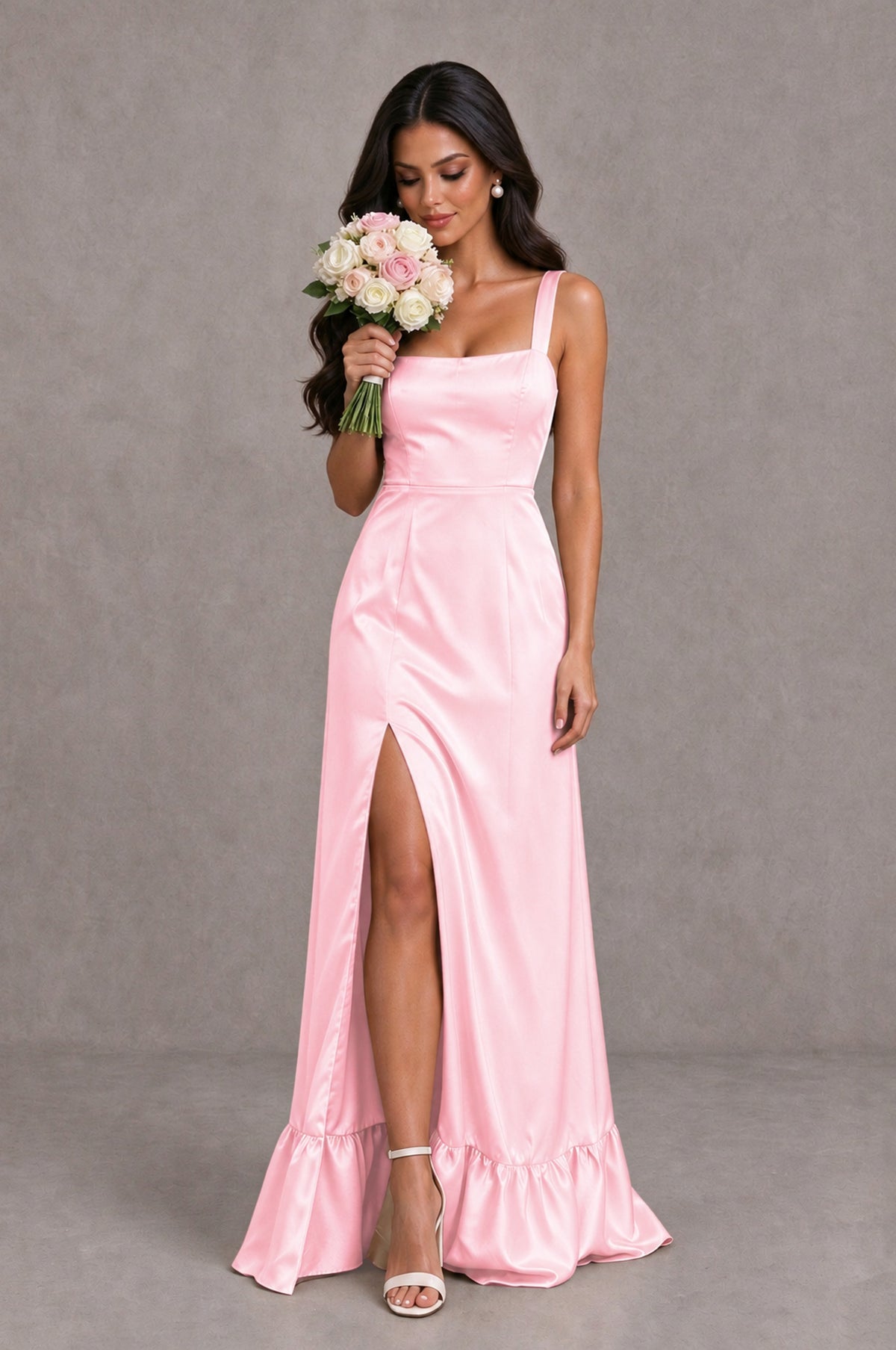 BOLODOO Pink Square Neck Satin Evening Dress with Lace-Up Back and High Slit - Pink - Pink_3
