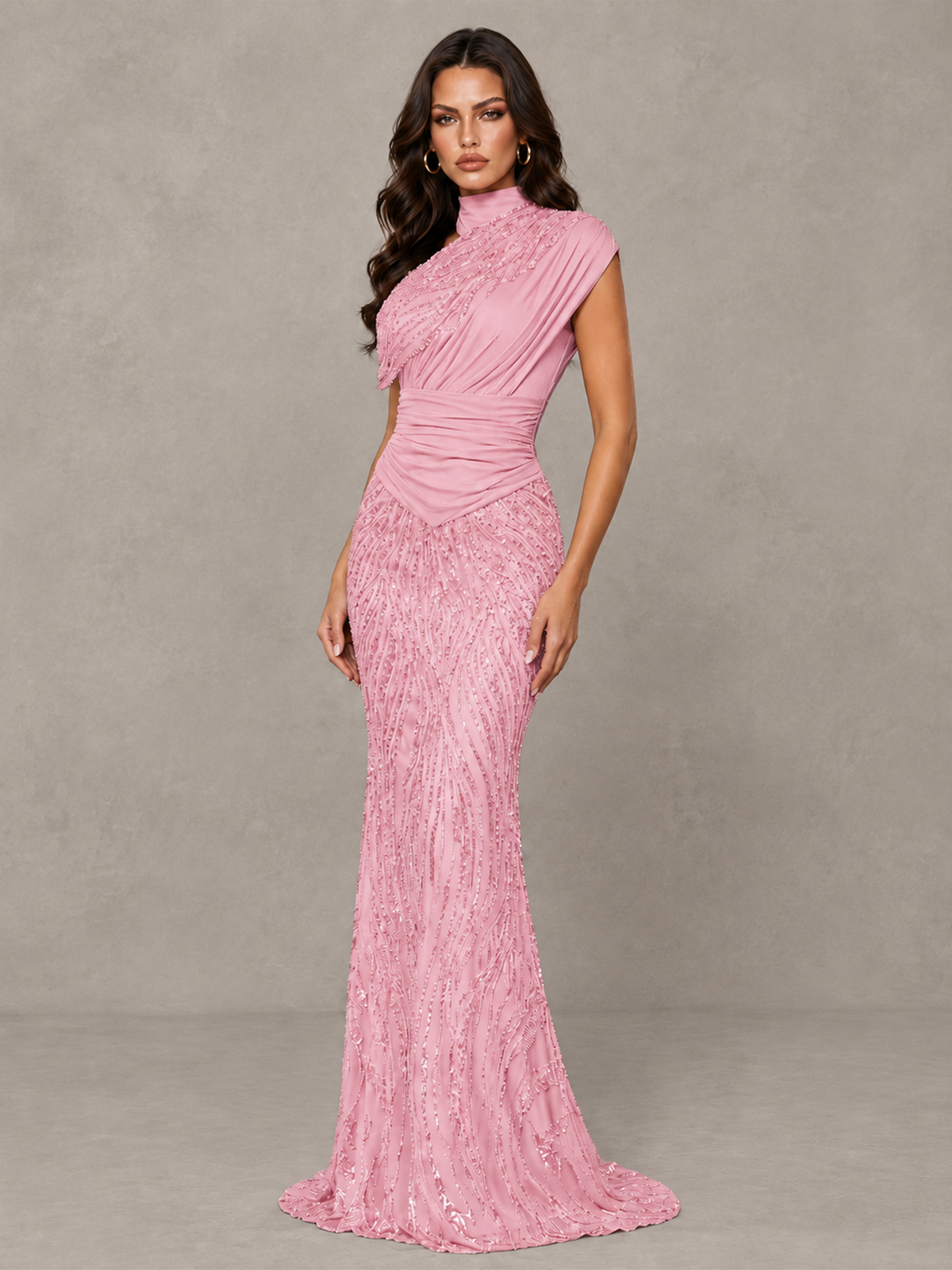 BOLODOO Pink High Neck Draped Sequin Mermaid Evening Gown - Pink - Pink_3