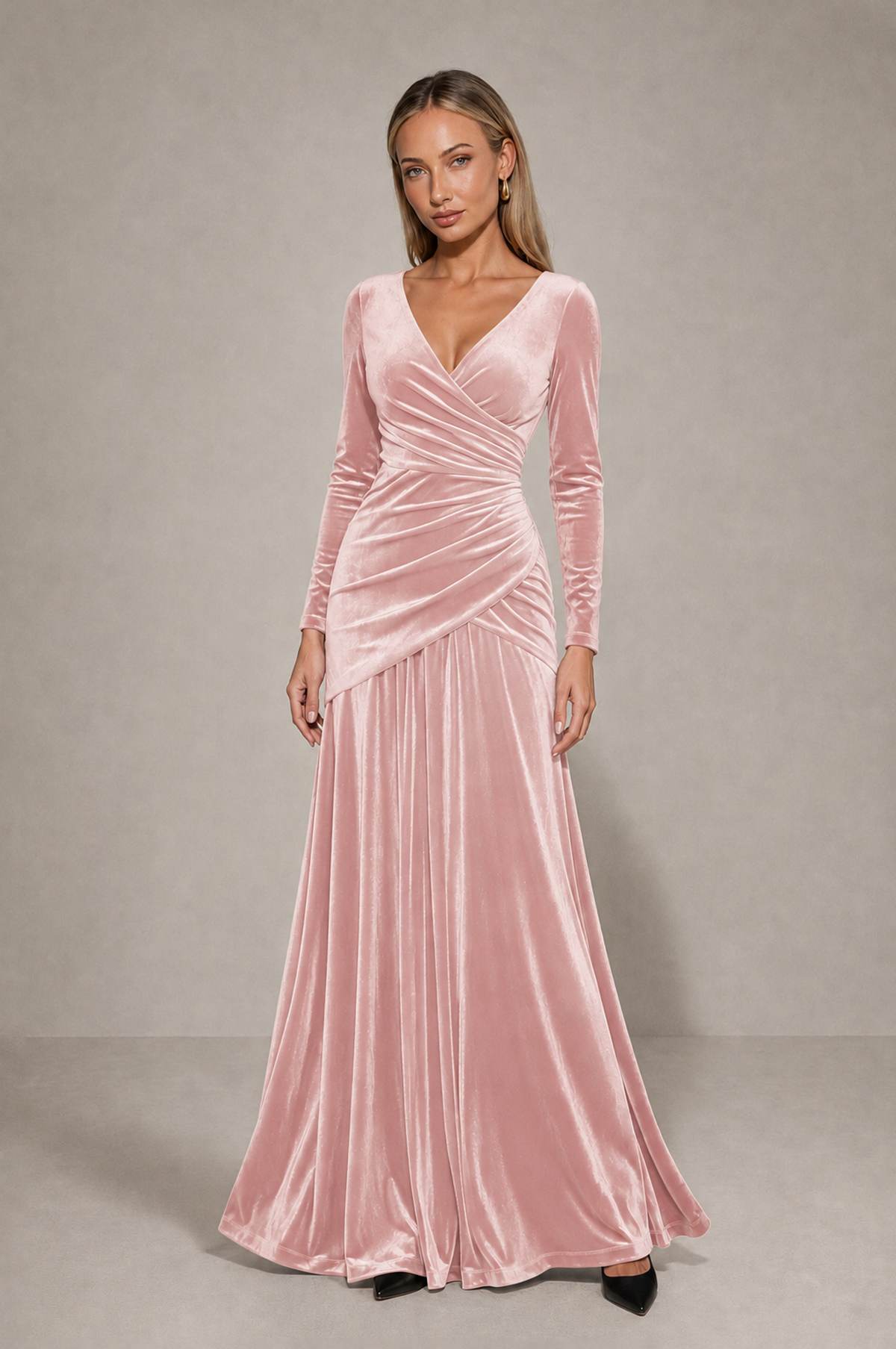 BOLODOO Pink Velvet Long Sleeve V-Neck Ruched Evening Dress - Pink - Pink_3