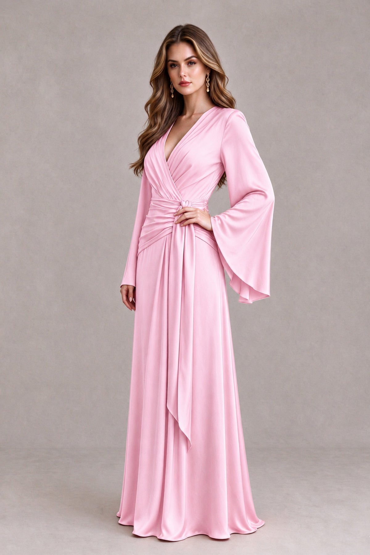 BOLODOO Pink Yellow Satin-Look V-Neck Long Bell Sleeve Evening Dress - Pink - Pink_3
