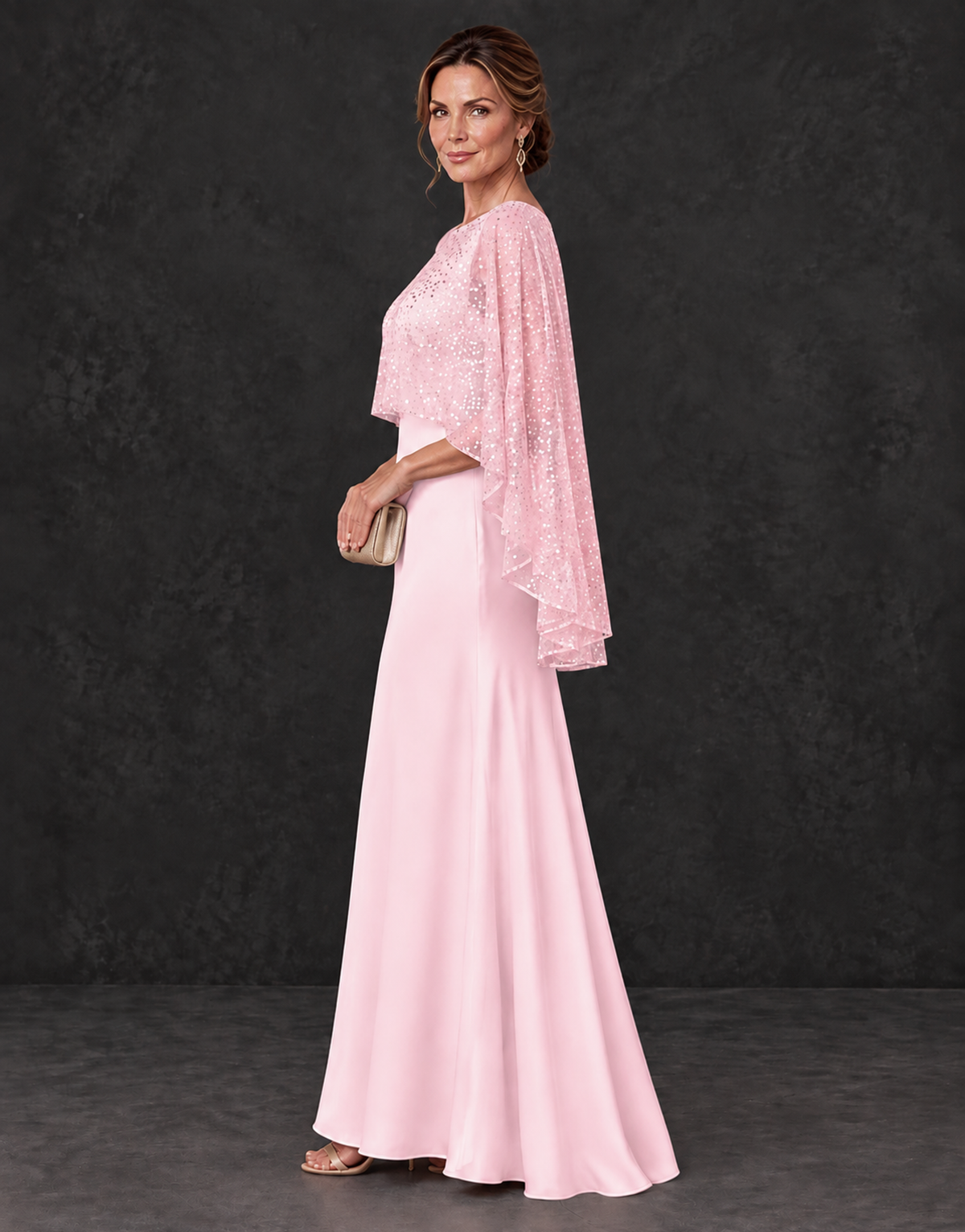 BOLODOO Pink Sparkle Cape Sleeve Mother of the Bride Dress - Pink - Pink_3
