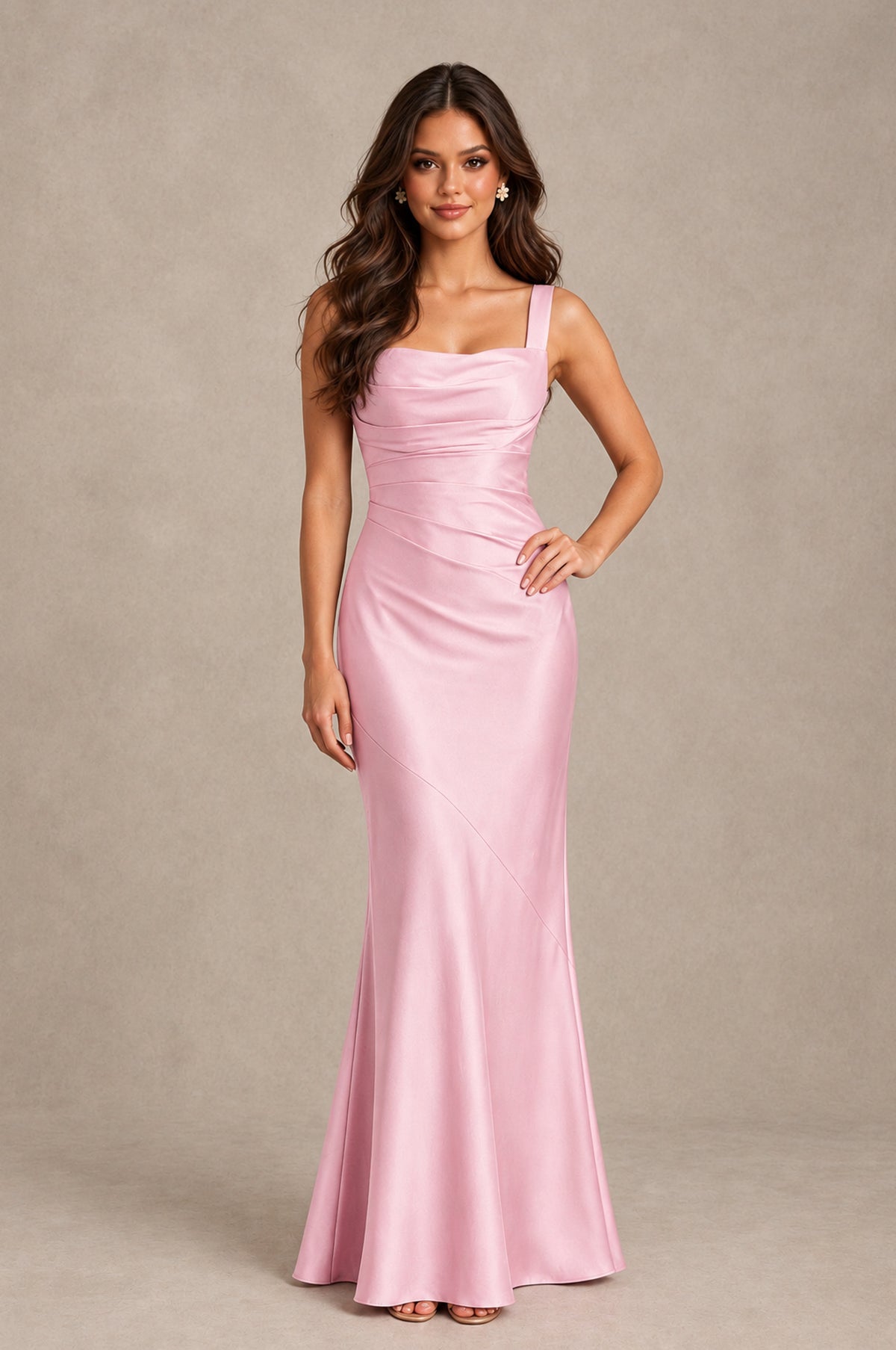 BOLODOO Pink Square Neck Ruched Satin Lace-Up Bridesmaid Dress - Pink - Pink_3