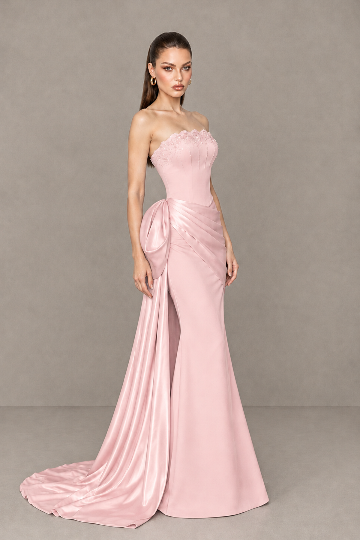 BOLODOO Pink Strapless Satin Prom Dress with Draped Side Train - Pink - Pink_3