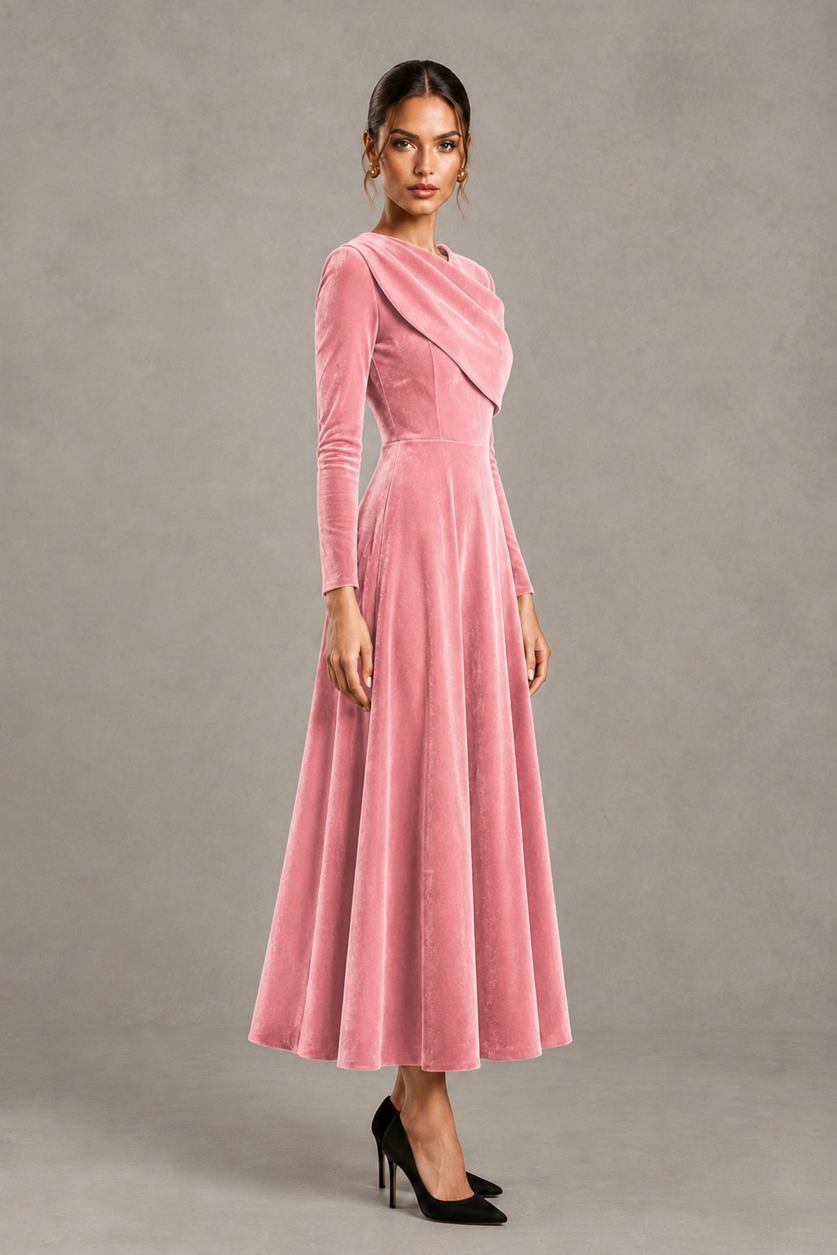 BOLODOO Pink Velvet-Look Long Sleeve Tea-Length A-Line Dress with Draped Neckline - Pink - Pink_3