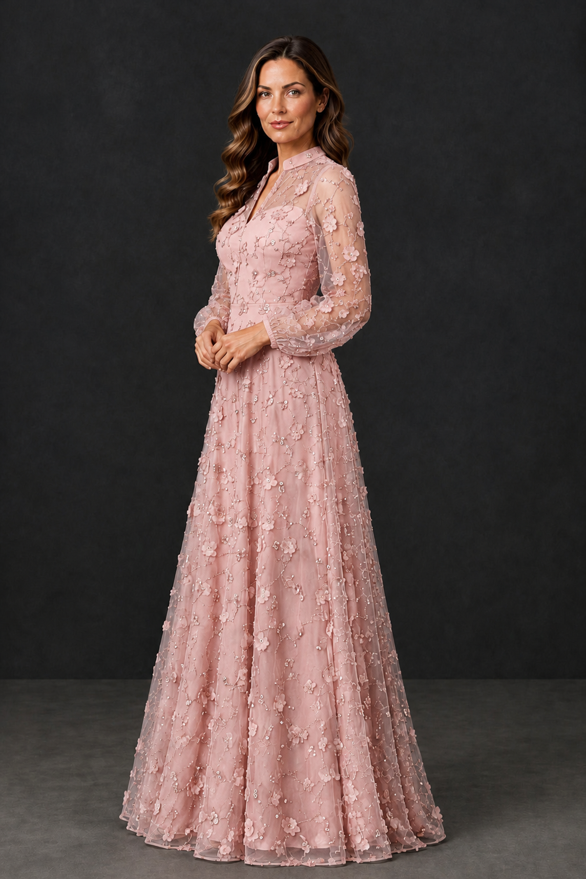 BOLODOO Pink Long Sleeve Floral Mother of the Bride Dress - Pink - Pink_3
