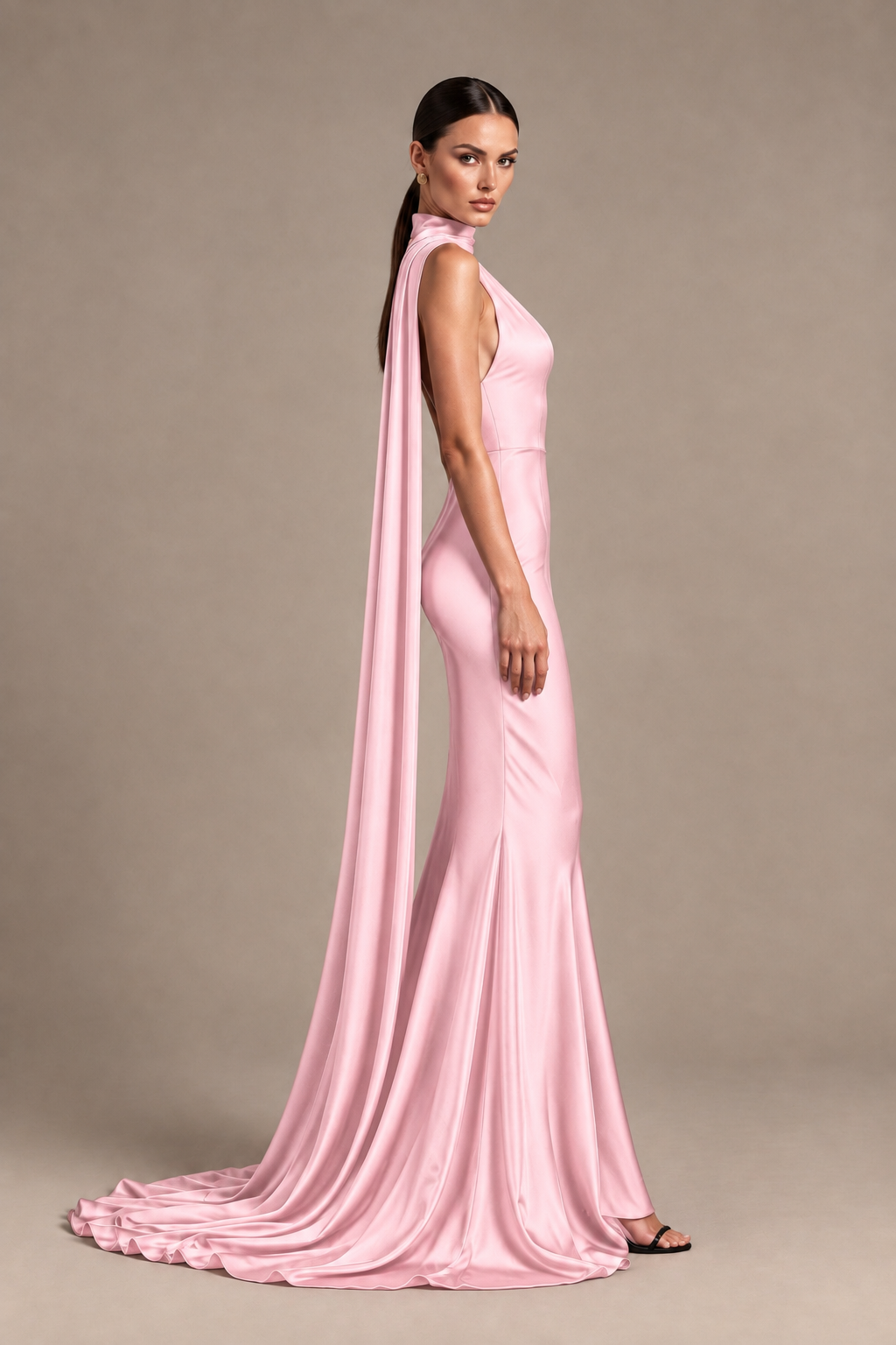 BOLODOO Pink One-Shoulder Satin Mermaid Evening Dress with Scarf - Pink - Pink_3