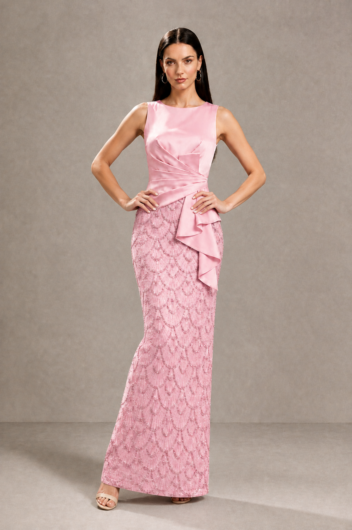 BOLODOO Pink Sleeveless Satin & Lace Peplum Evening Dress - Pink - Pink_3