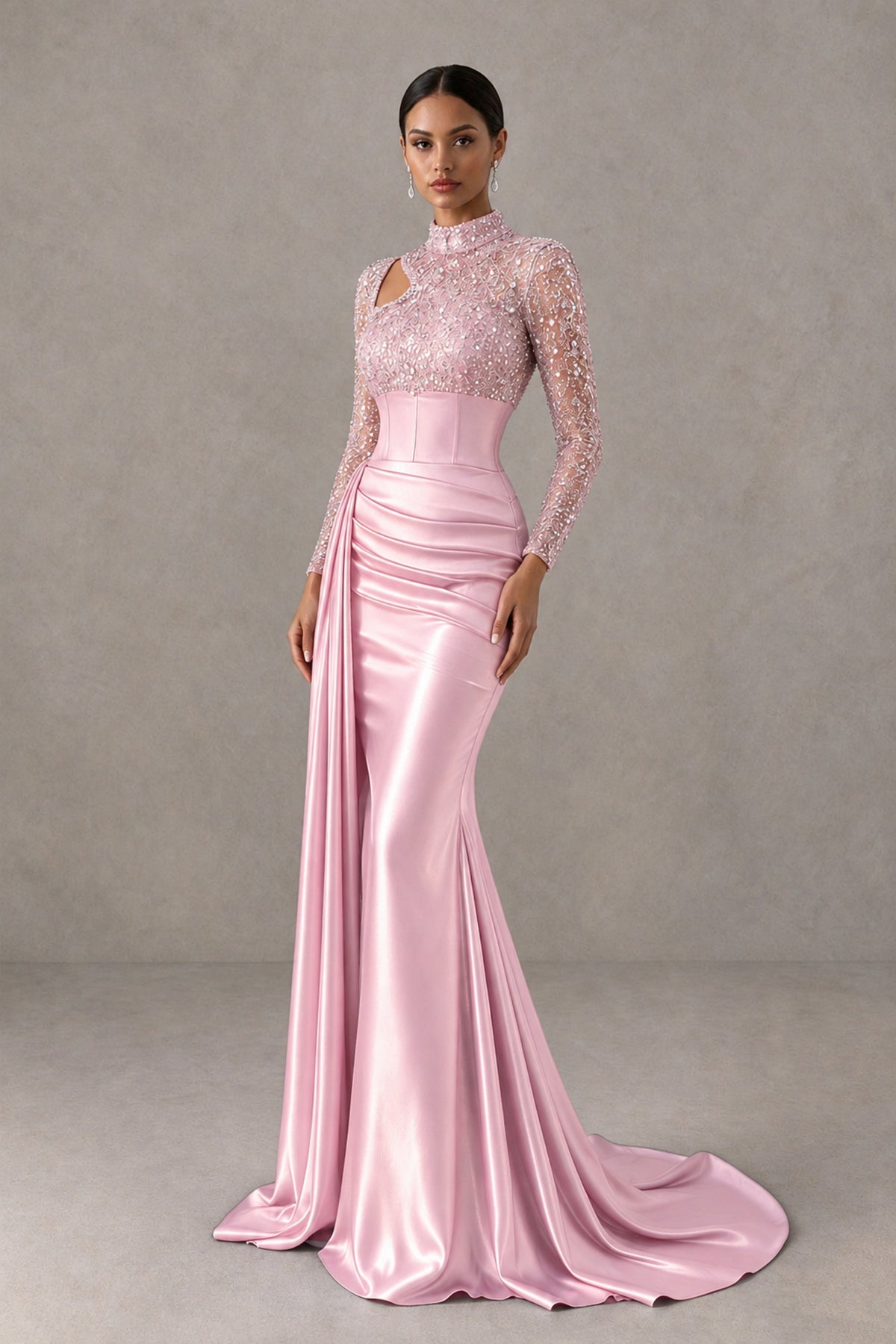 BOLODOO Pink Long Sleeve Embellished Satin Mermaid Evening Gown - Pink - Pink_3