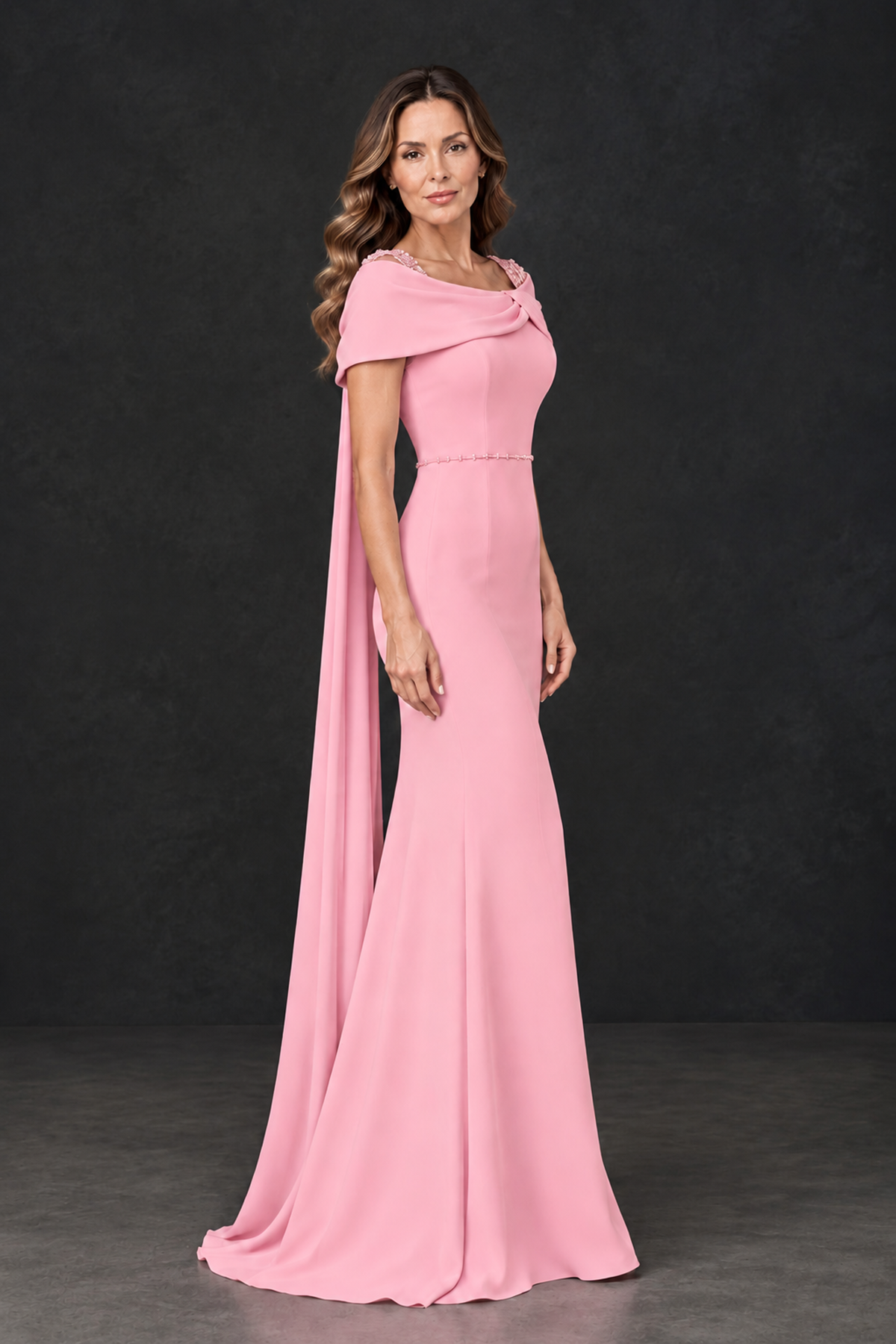 BOLODOO Pink Mother of the Bride Dress with Draped Cape Detail - Pink - Pink_3