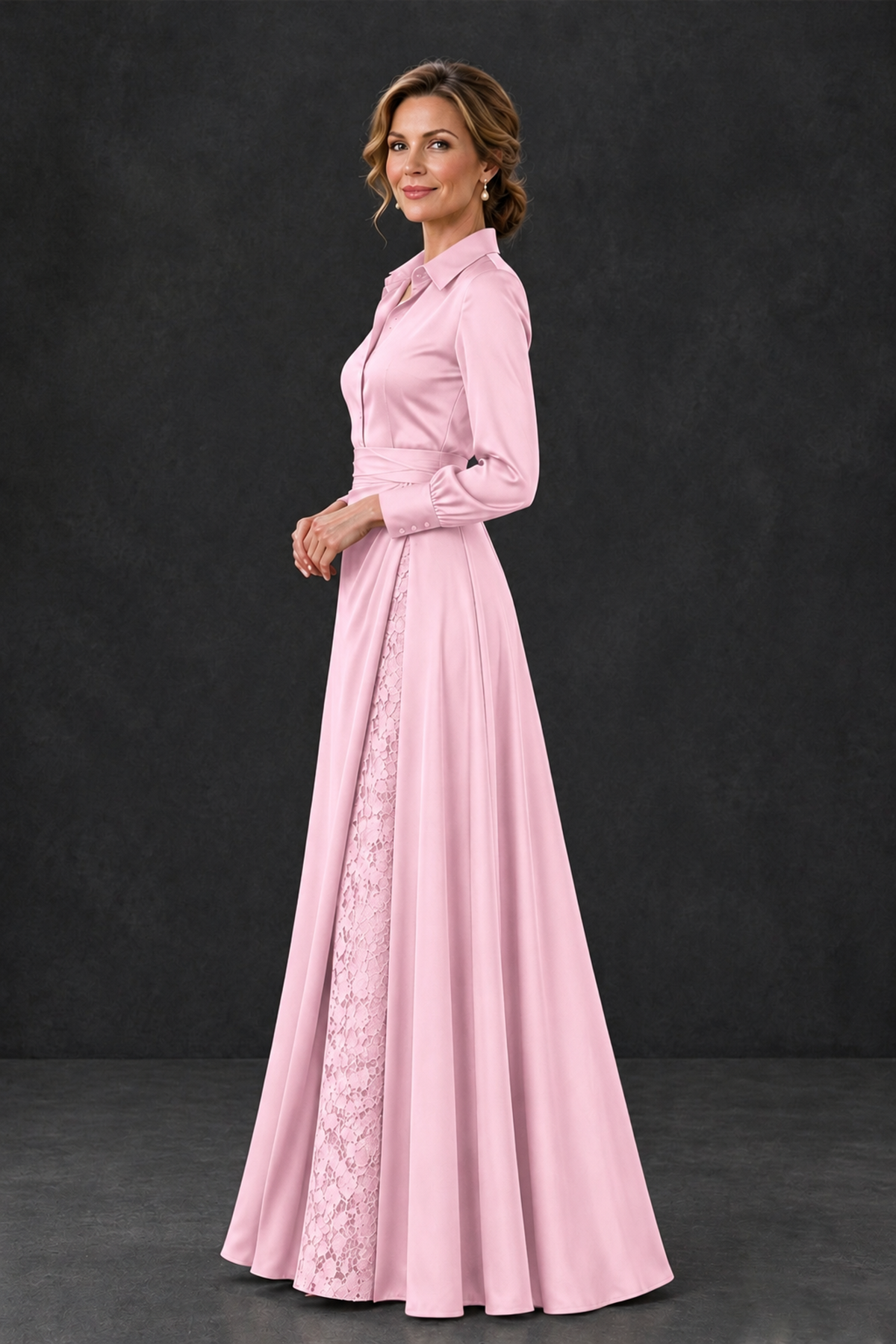 BOLODOO Pink Long Sleeve Satin-Look Lace Panel Gown - Pink - Pink_3