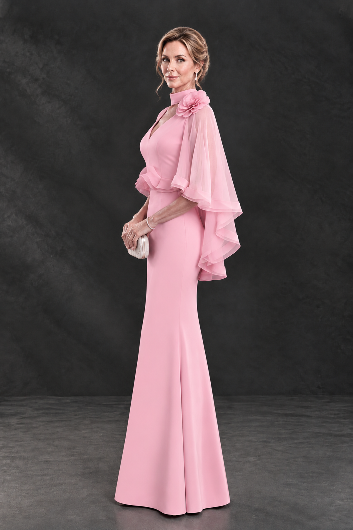 BOLODOO Pink Floral Cape Sleeve Mother of the Bride Dress - Pink - Pink_3