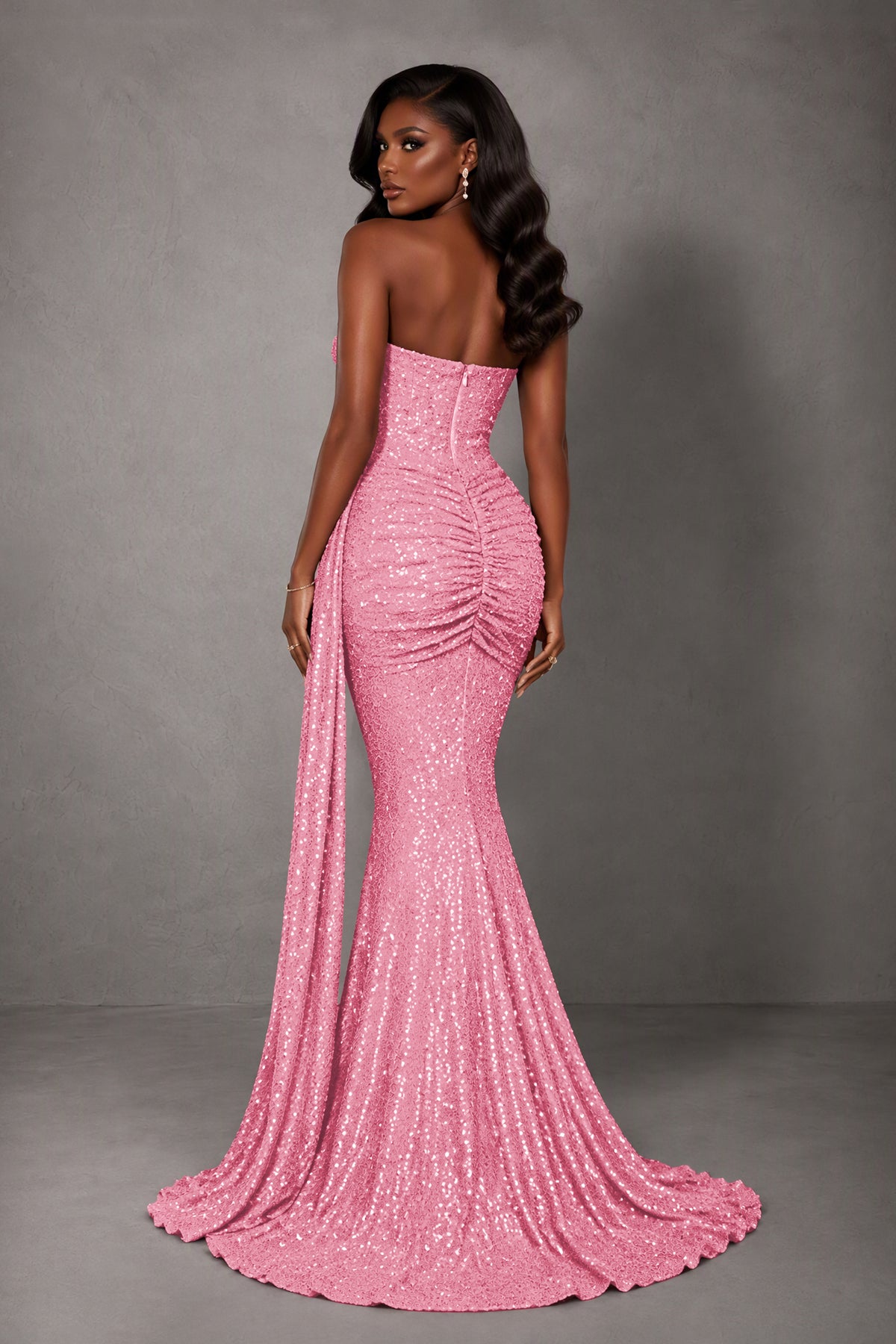 BOLODOO Pink Sequin Strapless Corset Mermaid Evening Gown with Train - Pink