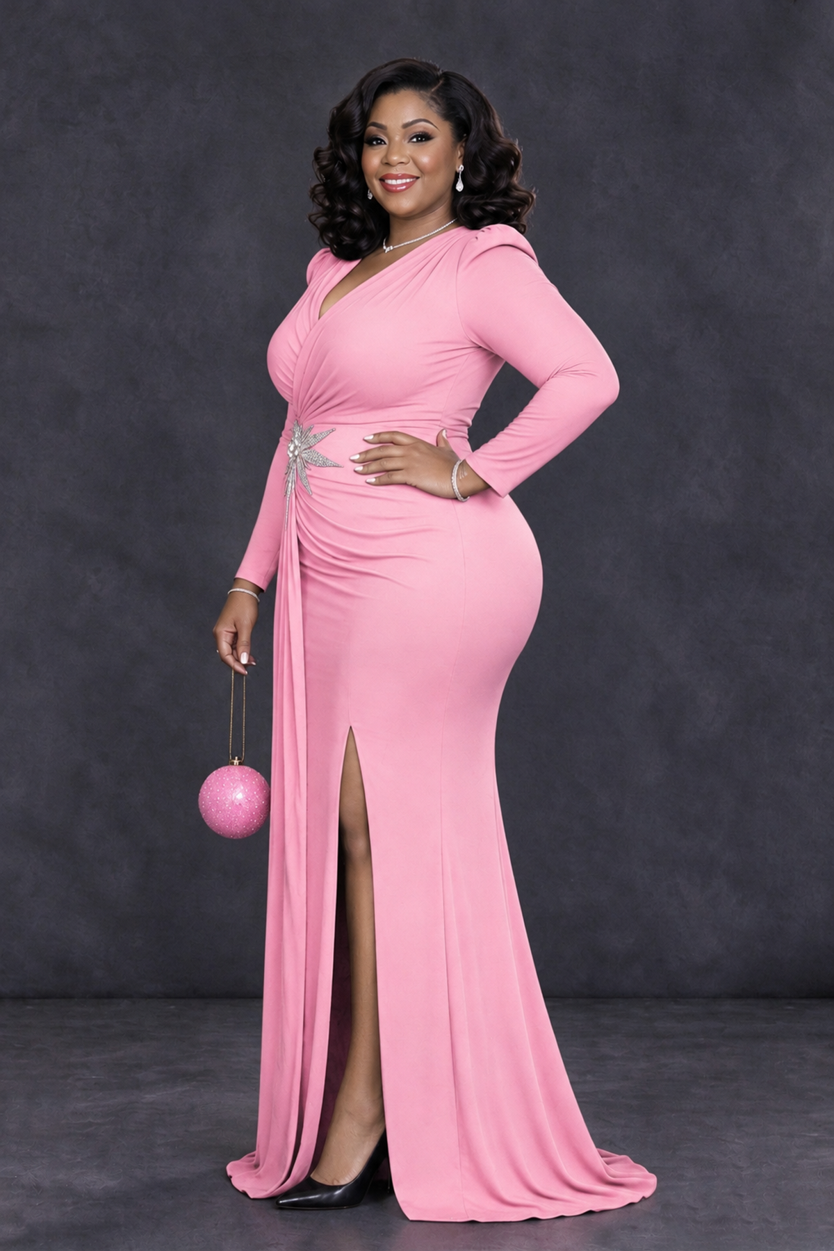 BOLODOO Pink Plus Size Long Sleeve V-Neck Mother of the Bride Dress with Slit - Pink - Pink_3