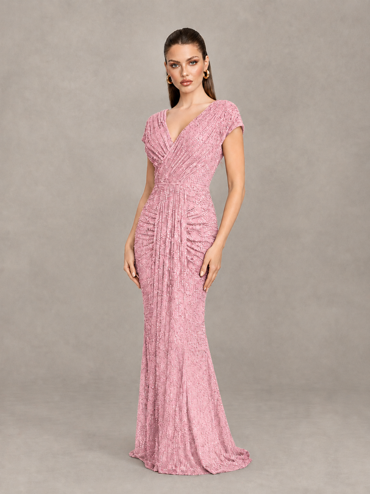 BOLODOO Pink Glitter V-Neck Cap Sleeve Ruched Mermaid Evening Gown - Pink - Pink_3