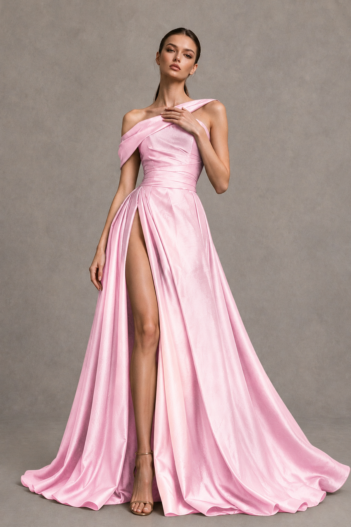 BOLODOO Pink Asymmetric Satin-Look A-Line Prom Dress with High Slit - Pink - Pink_3