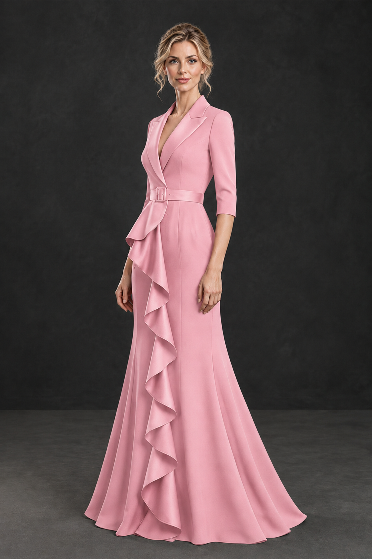 BOLODOO Pink Lapel Ruffle Mother of the Bride Dress with Belt - Pink - Pink_3