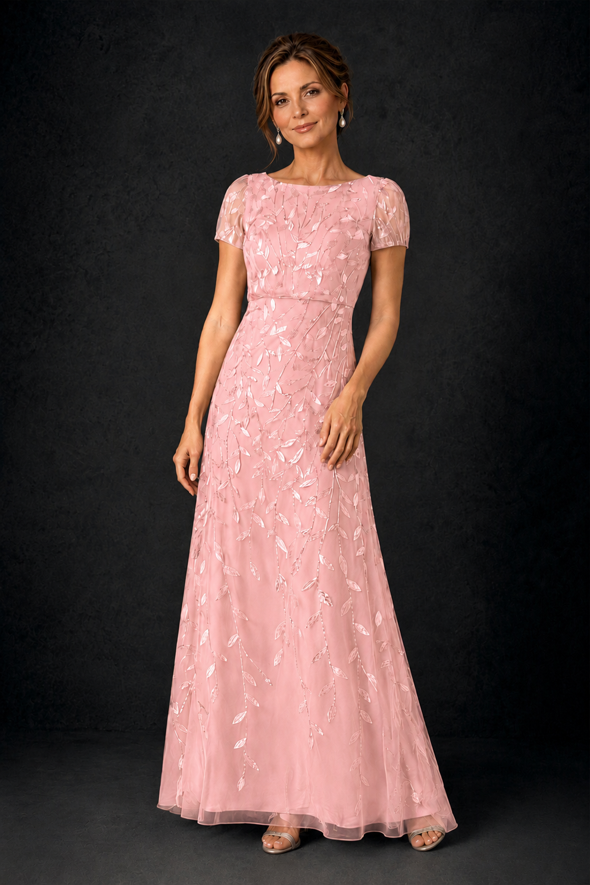BOLODOO Pink Leaf Embroidered A-Line Formal Gown with Cap Sleeves - Pink - Pink_3