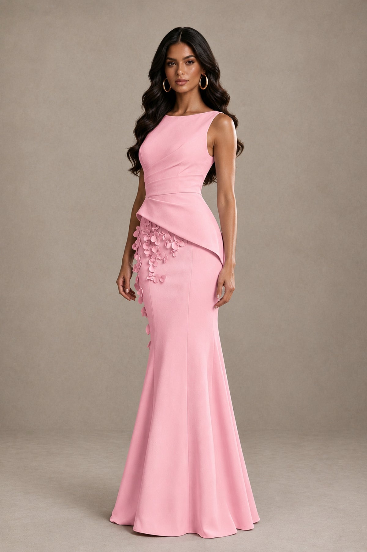 BOLODOO Pink Bateau Neck Sleeveless Asymmetric Peplum 3D Petal Appliqué Mermaid Gown BD0421 - Pink - Pink_3