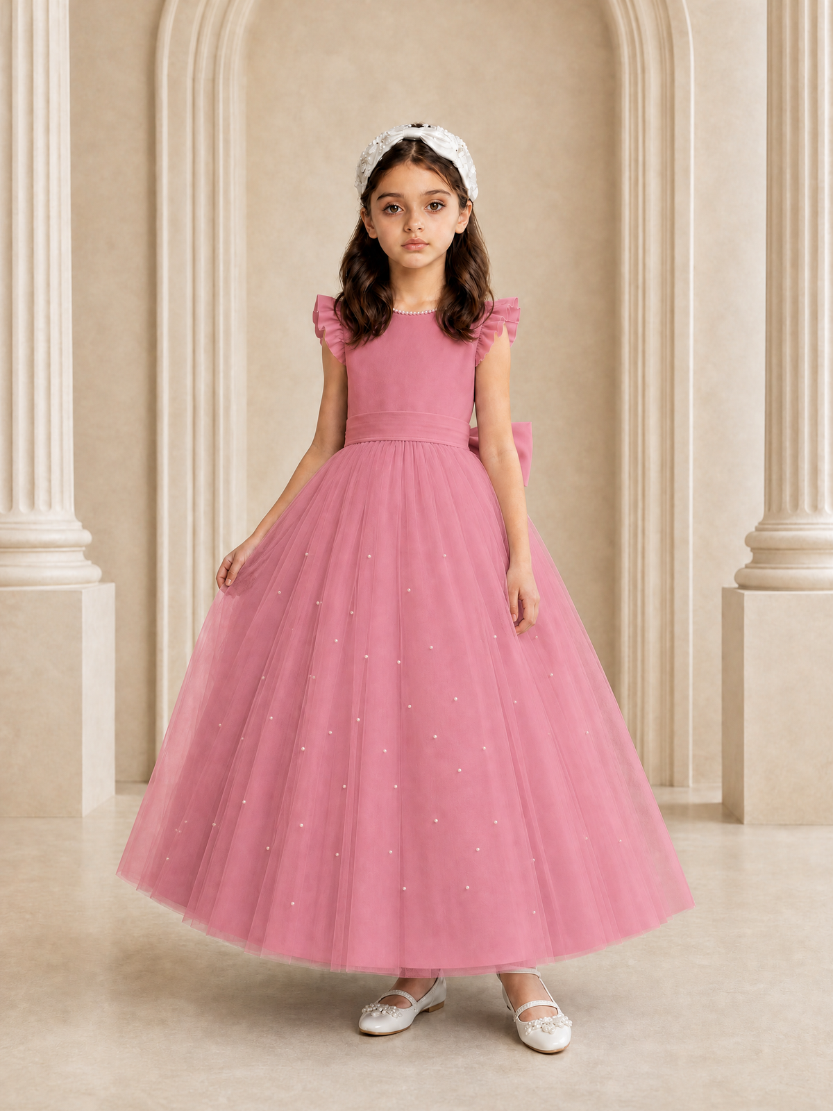 BOLODOO Pink Tulle Flower Girl Dress with Ruffle Sleeves & Bow Back - Pink - Pink_3