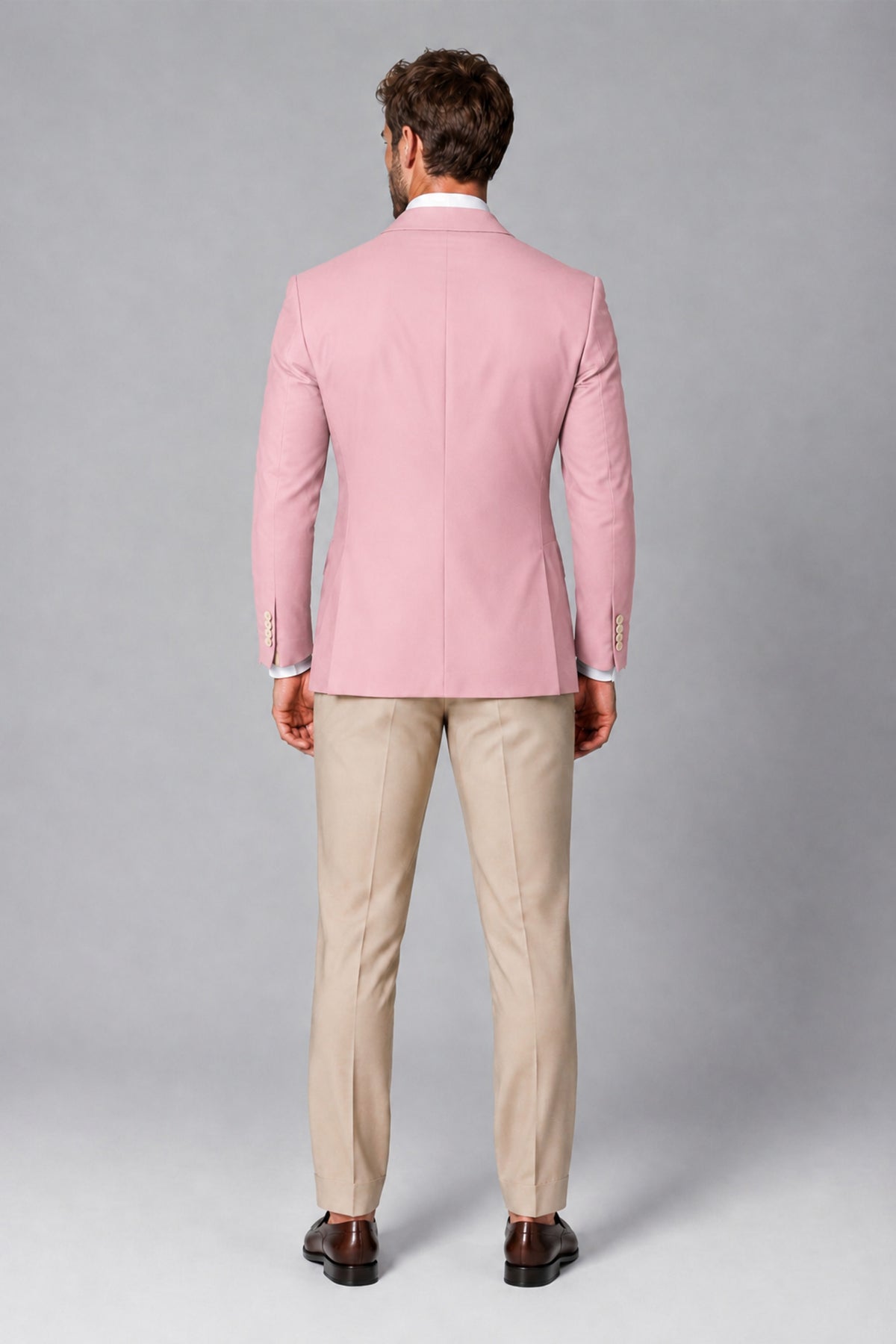 BOLODOO Men's Pink Double-Breasted Blazer & Khaki Trousers Tuxedo 2-Piece Suit Set - Pink - Pink_3