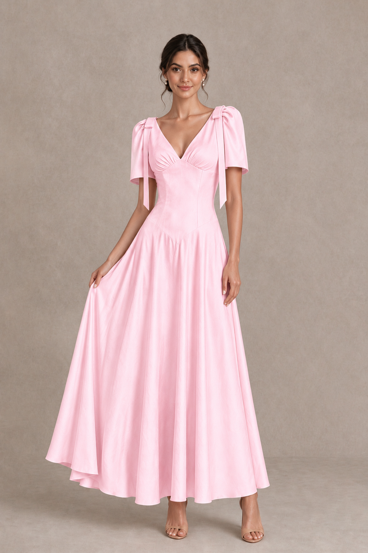 BOLODOO Pink V-Neck Short Sleeve Satin-Look Bridesmaid Dress with Shoulder Bows - Pink - Pink_3