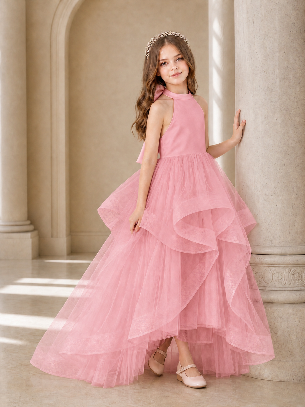 BOLODOO Pink Halter Tiered Tulle Flower Girl Dress with Bow Back - Pink - Pink_3