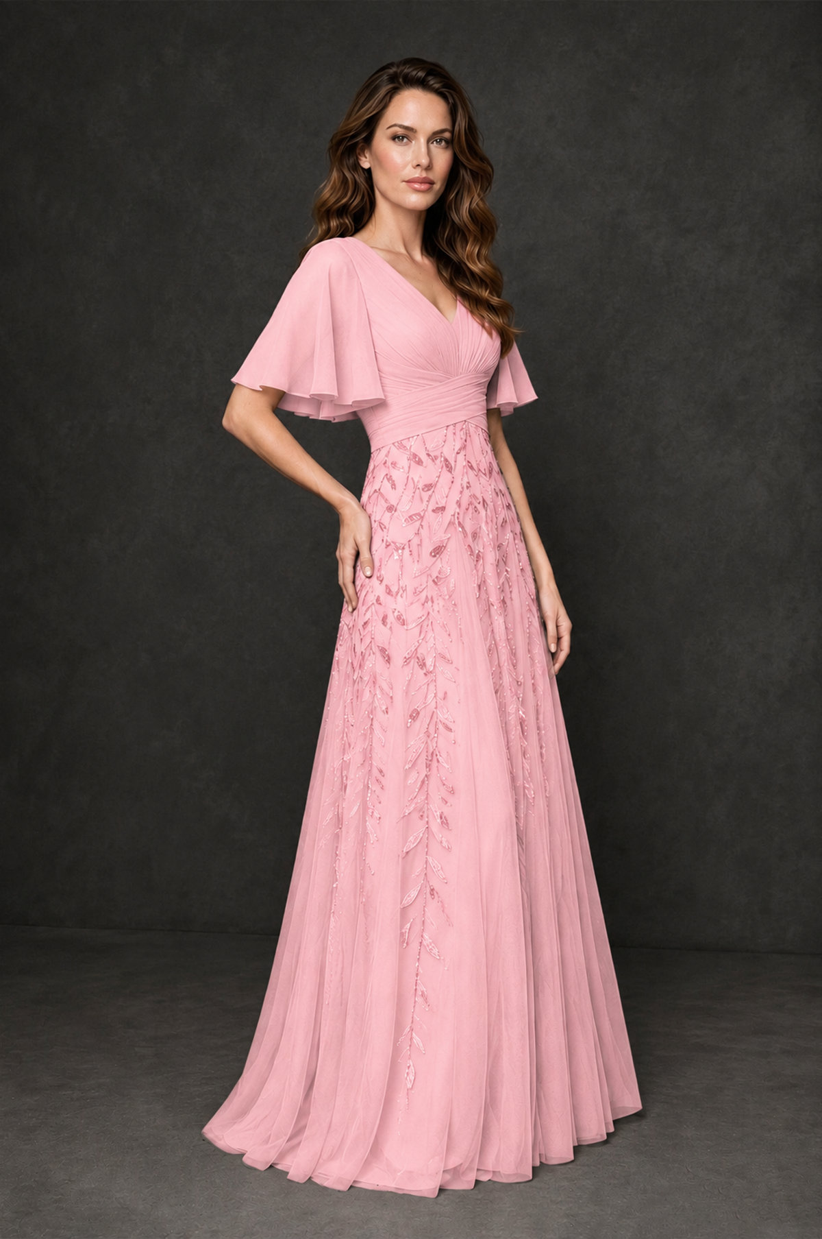 BOLODOO Pink V-Neck Flutter Sleeve Beaded Botanical Tulle A-Line Gown | Mother of the Bride Evening Dress - Pink - Pink_3