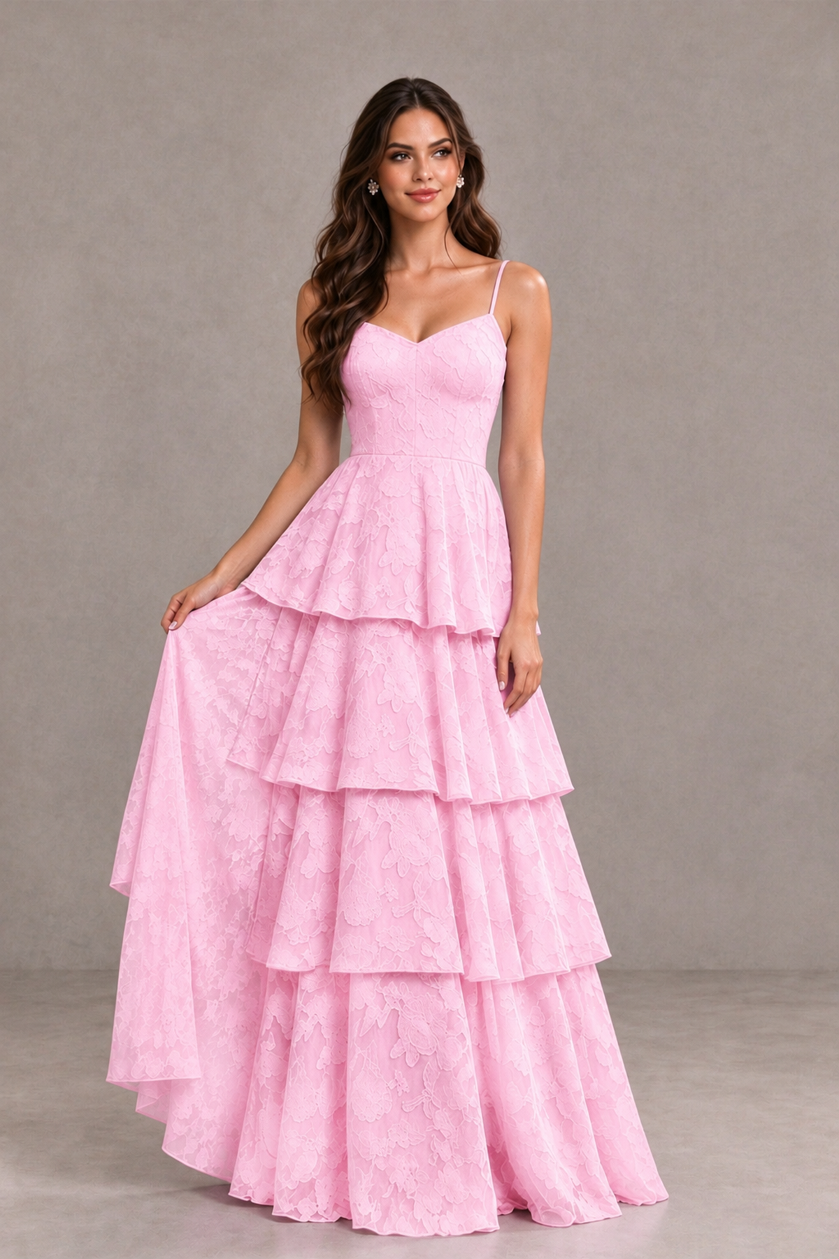 BOLODOO Pink Tiered Floral-Textured Spaghetti Strap Maxi Dress - Pink - Pink_3