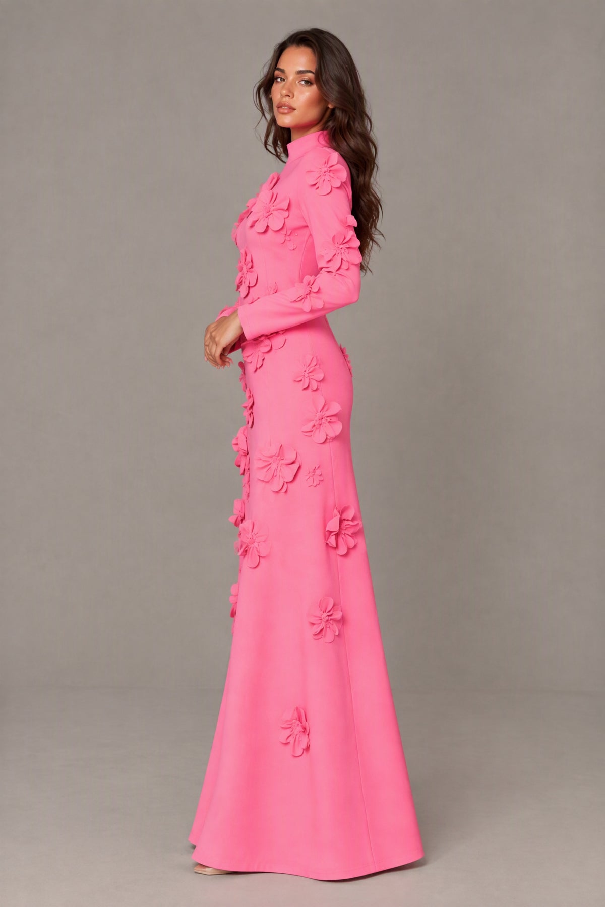 BOLODOO Pink High Neck Long Sleeve 3D Floral Evening Gown - Pink