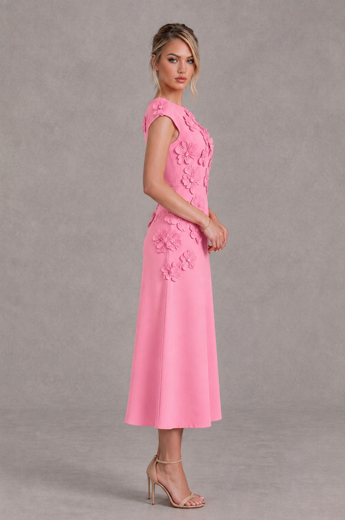 BOLODOO Pink 3D Floral Cap Sleeve Midi Cocktail Dress - Pink - Pink_3