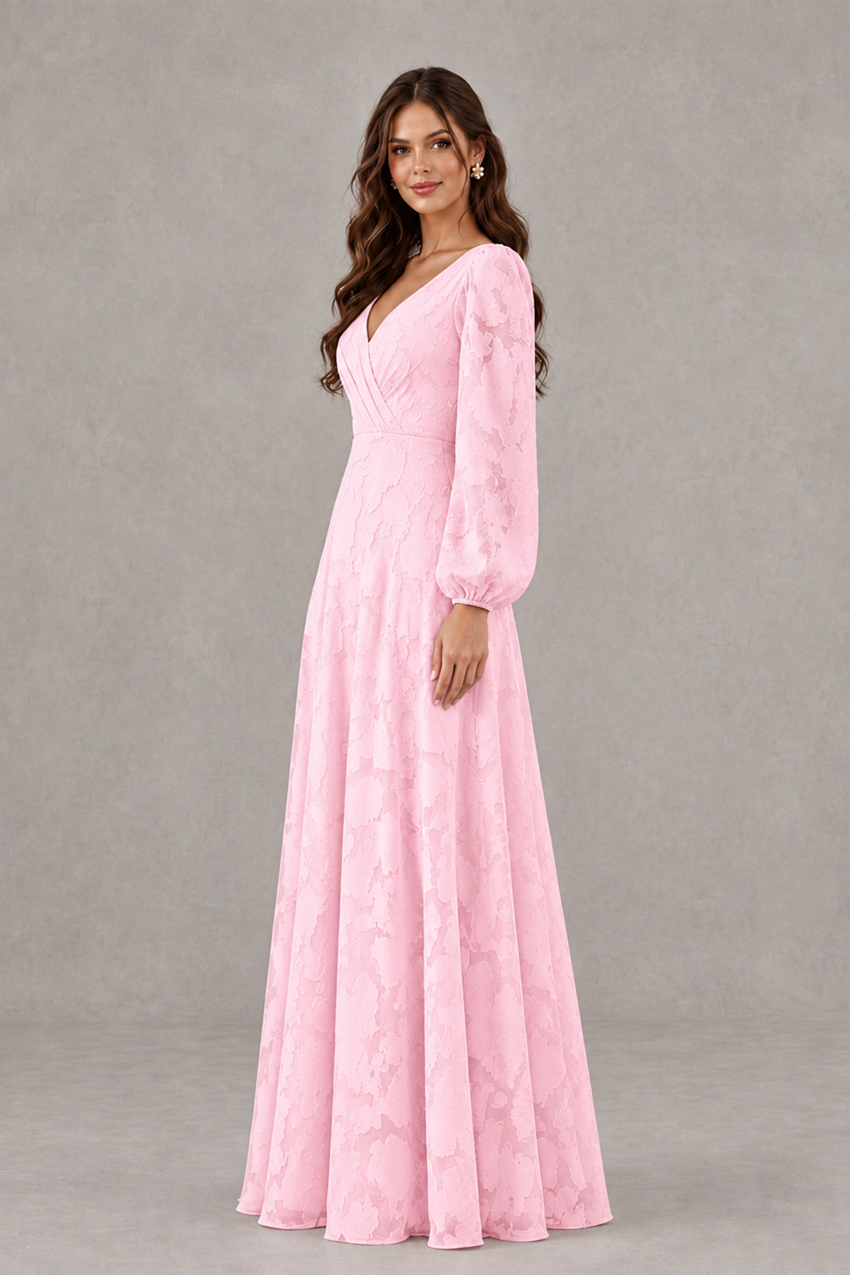 BOLODOO Pink Long Sleeve V-Neck A-Line Mother of the Bride Dress - Pink - Pink_3