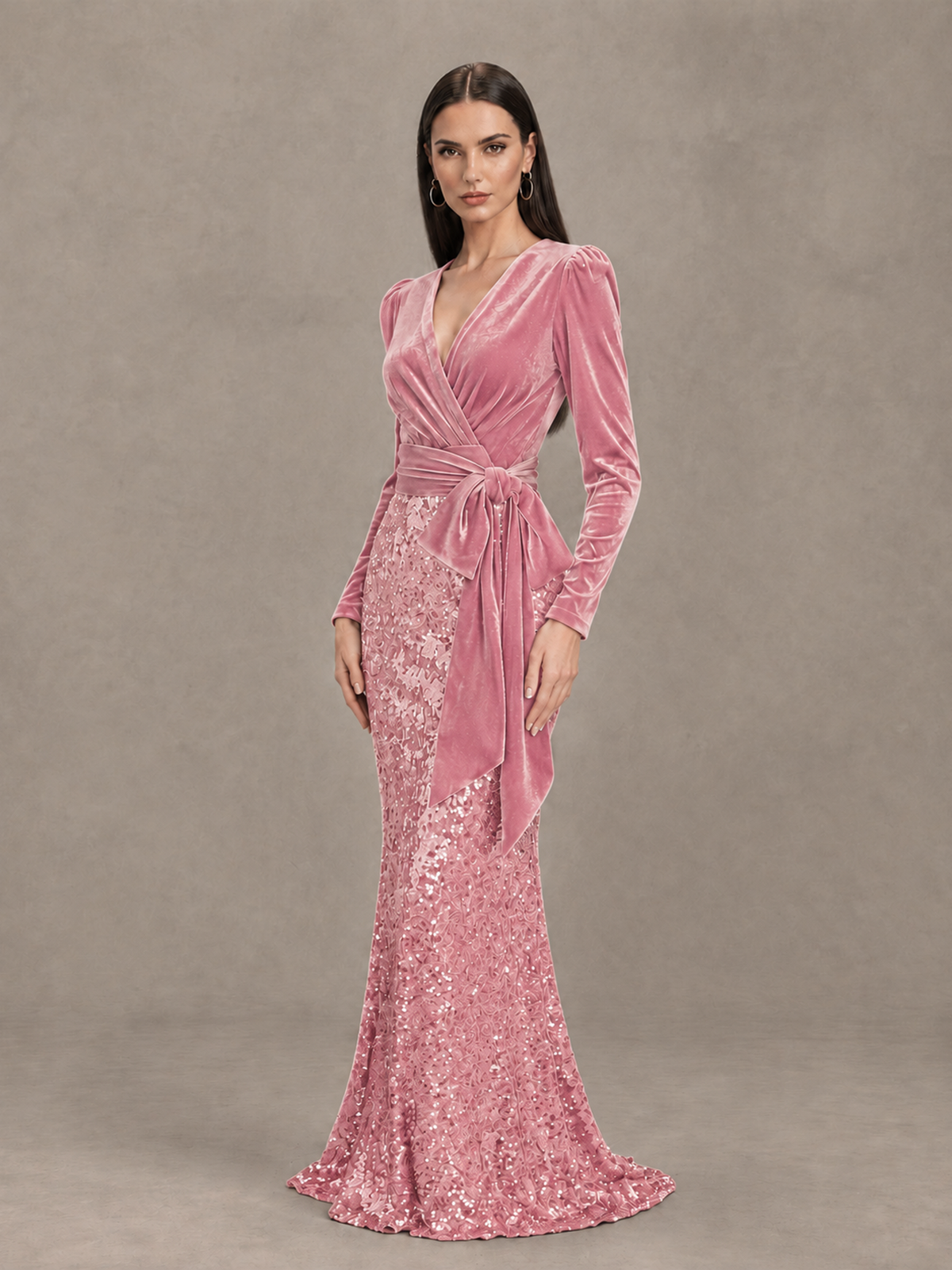 BOLODOO Pink Velvet & Sequin Long Sleeve V-Neck Mermaid Evening Gown - Pink - Pink_3