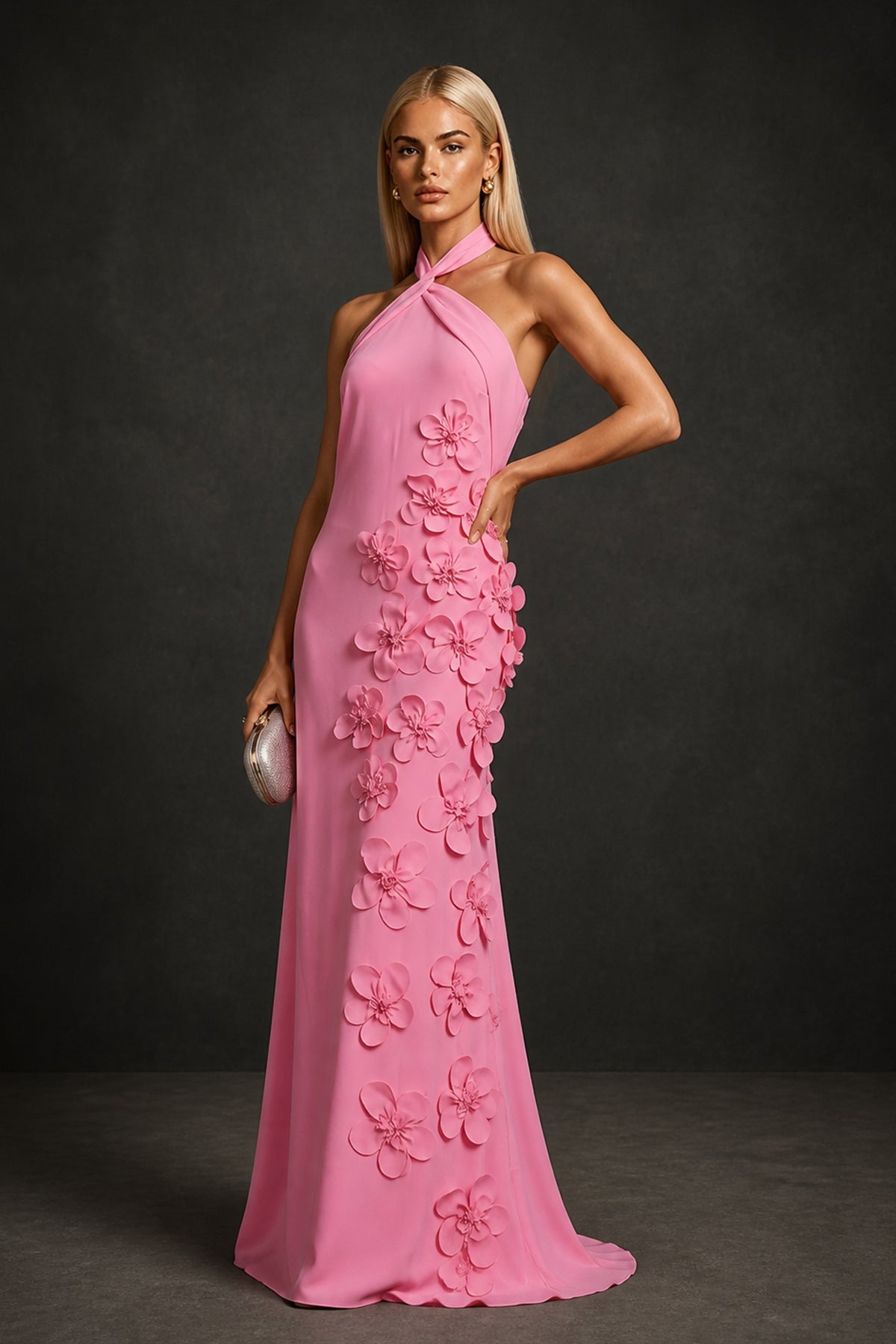 BOLODOO Pink Cross Halter Neck 3D Floral Appliqué Backless Mermaid Maxi Gown - Pink