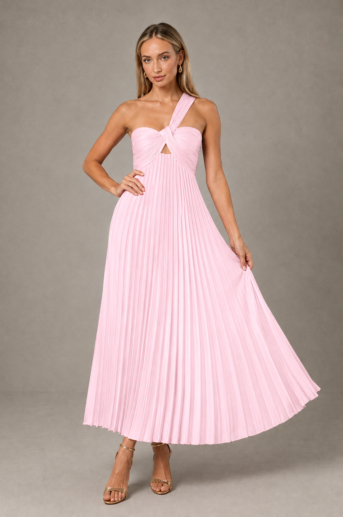 BOLODOO Pink One-Shoulder Twist Knot Pleated Satin Midi Dress with Cutout - Pink - Pink_4