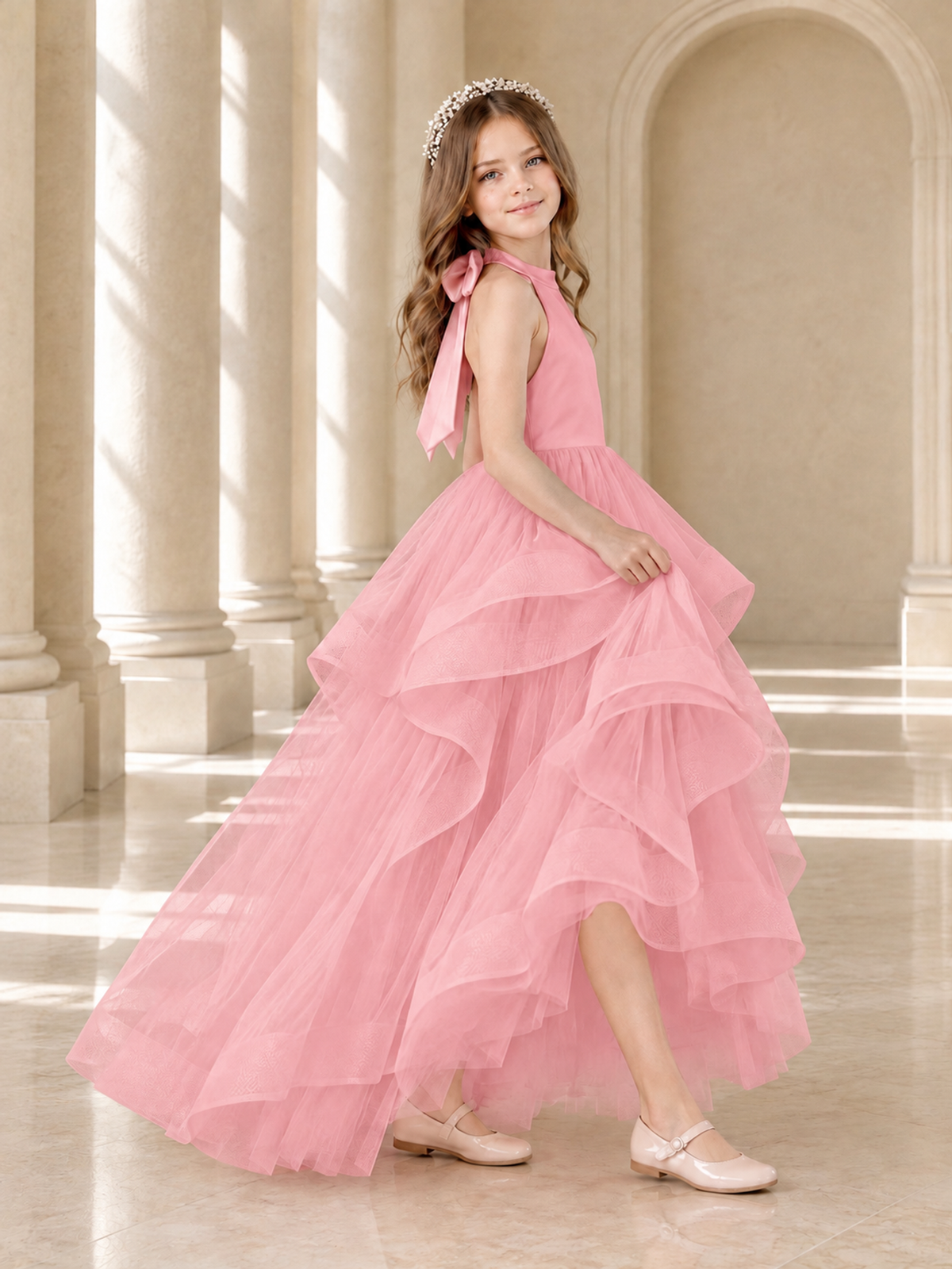 BOLODOO Pink Halter Tiered Tulle Flower Girl Dress with Bow Back - Pink - Pink_4