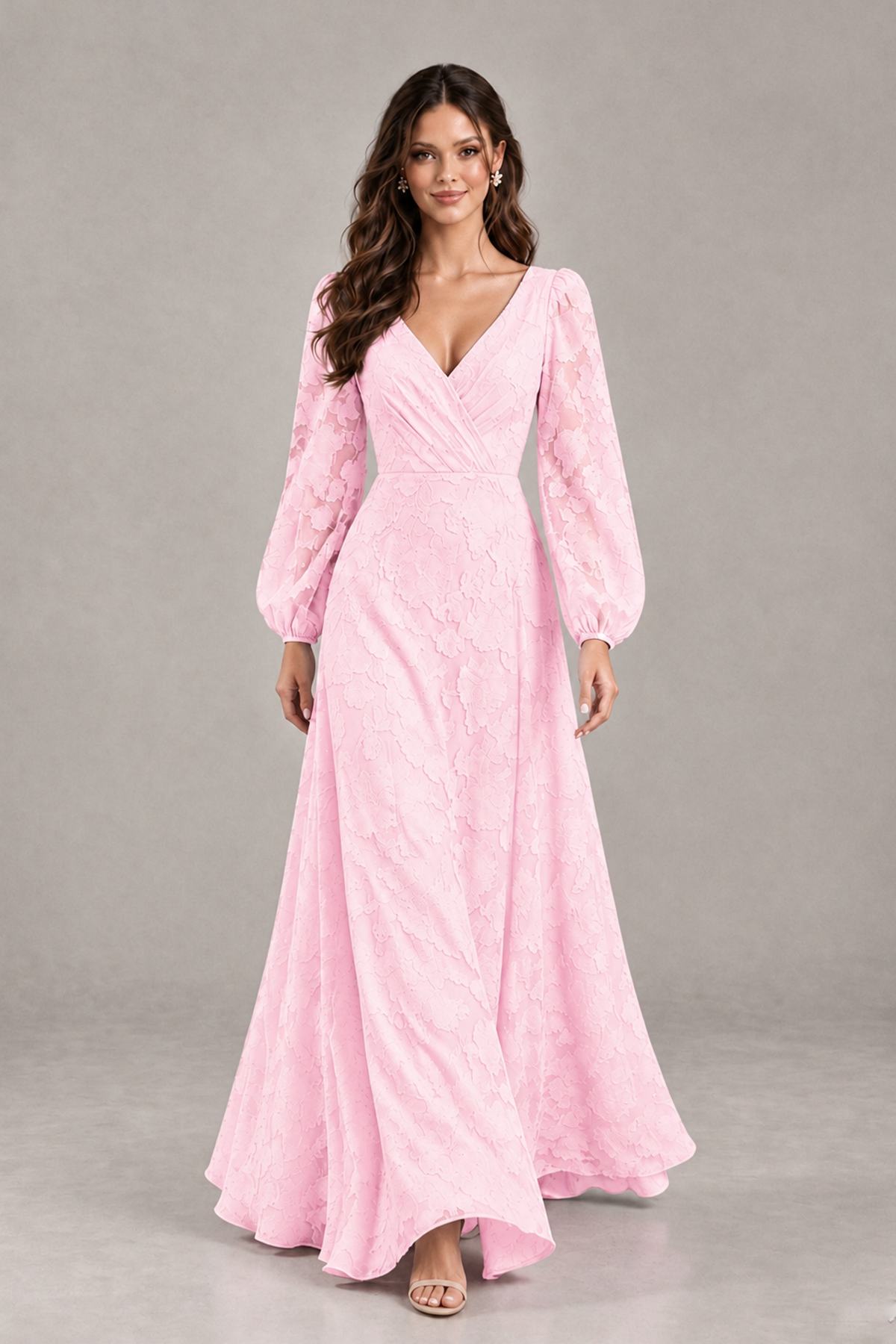 BOLODOO Pink Long Sleeve V-Neck A-Line Mother of the Bride Dress - Pink - Pink_4