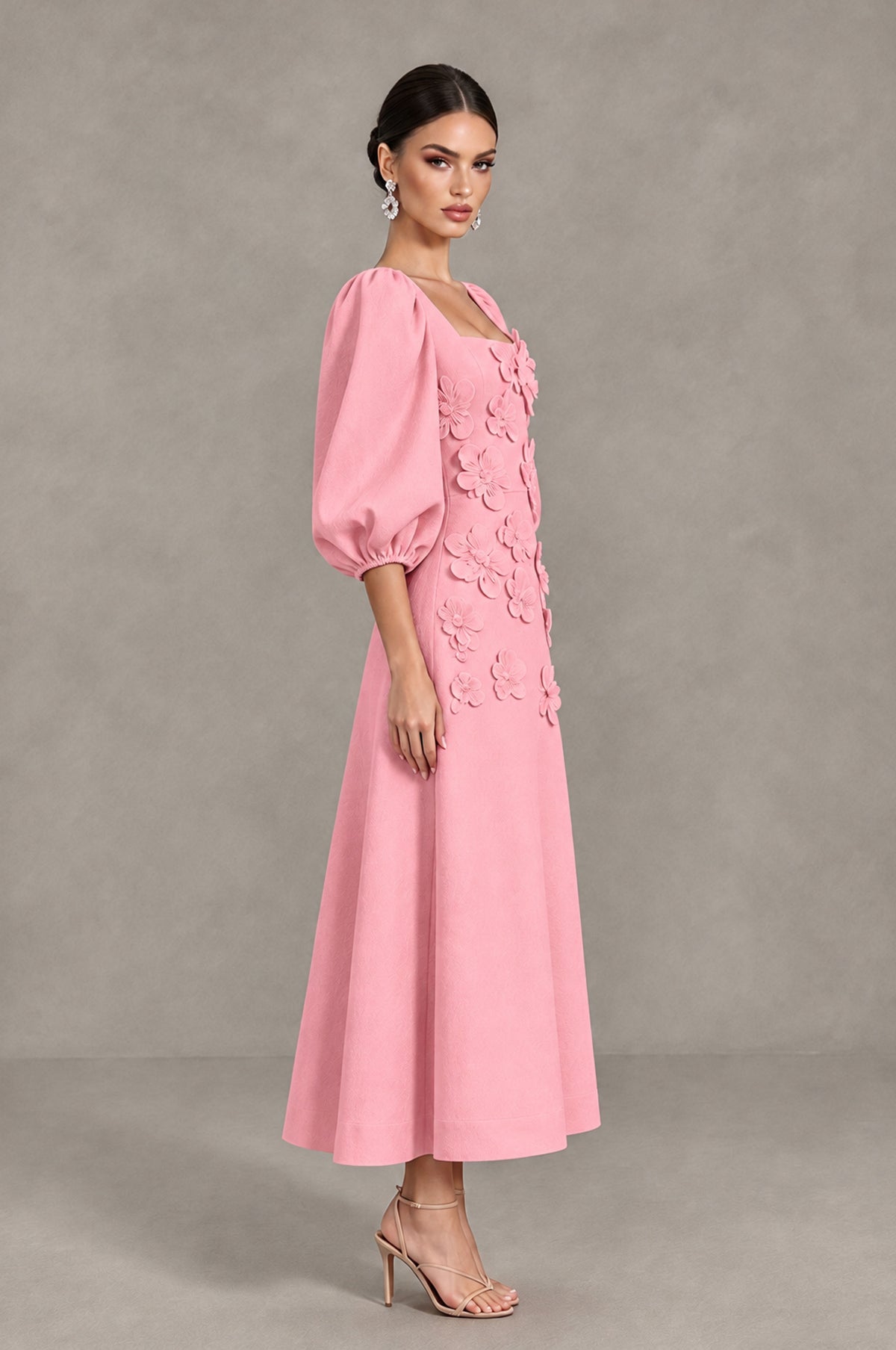 BOLODOO Pink 3D Floral Puff Sleeve Midi Cocktail Dress - Pink - Pink_4