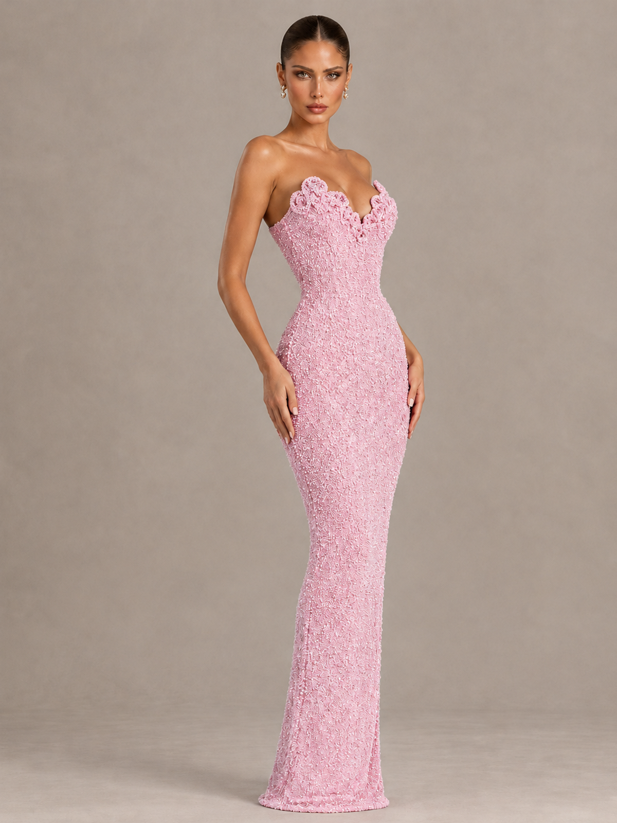 BOLODOO Pink Strapless Sequin Evening Gown with Floral Neckline - Pink - Pink_4