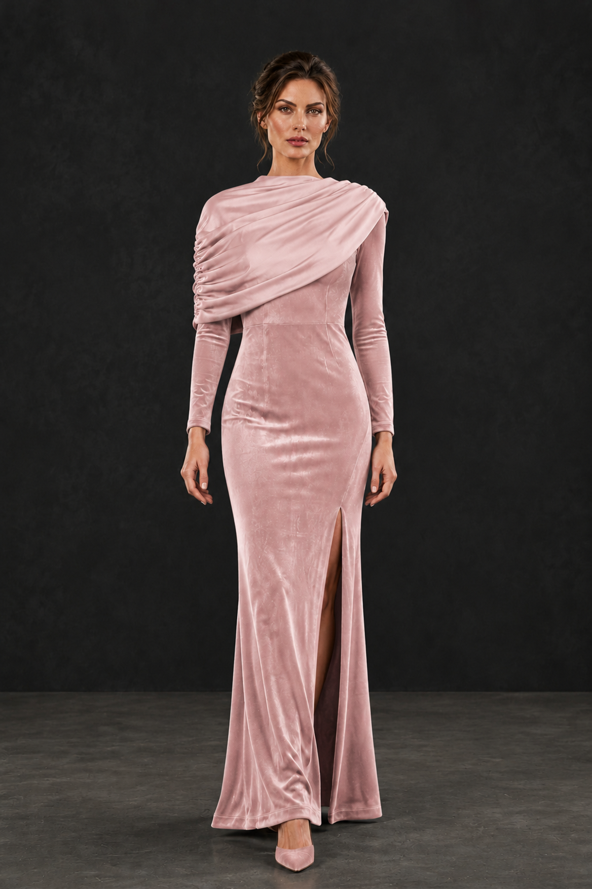 BOLODOO Pink Velvet Long Sleeve Draped Mother of the Bride Dress - Pink - Pink_4