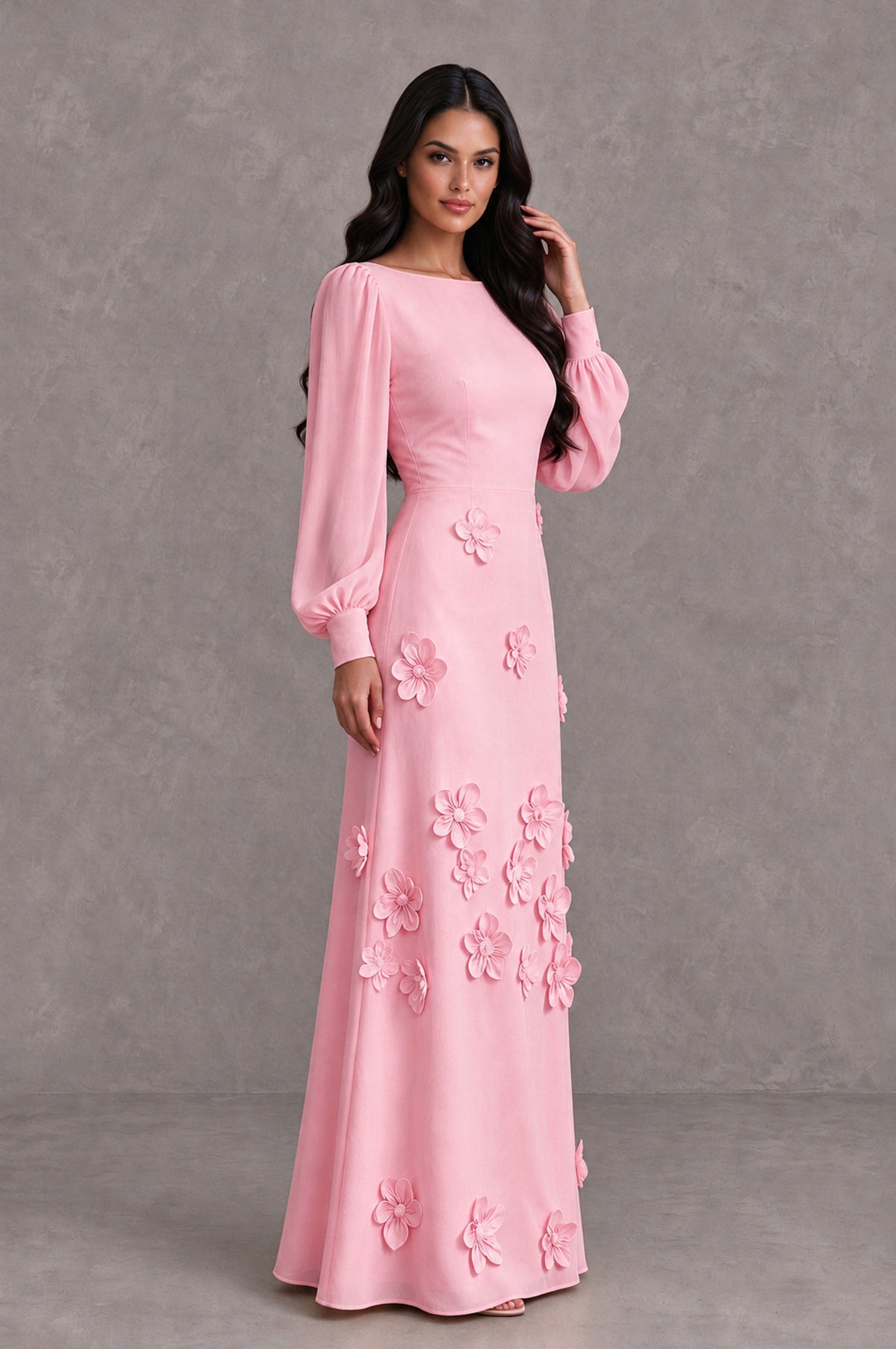 BOLODOO Pink Long Sleeve Floral Applique A-Line Evening Dress - Pink - Pink_4