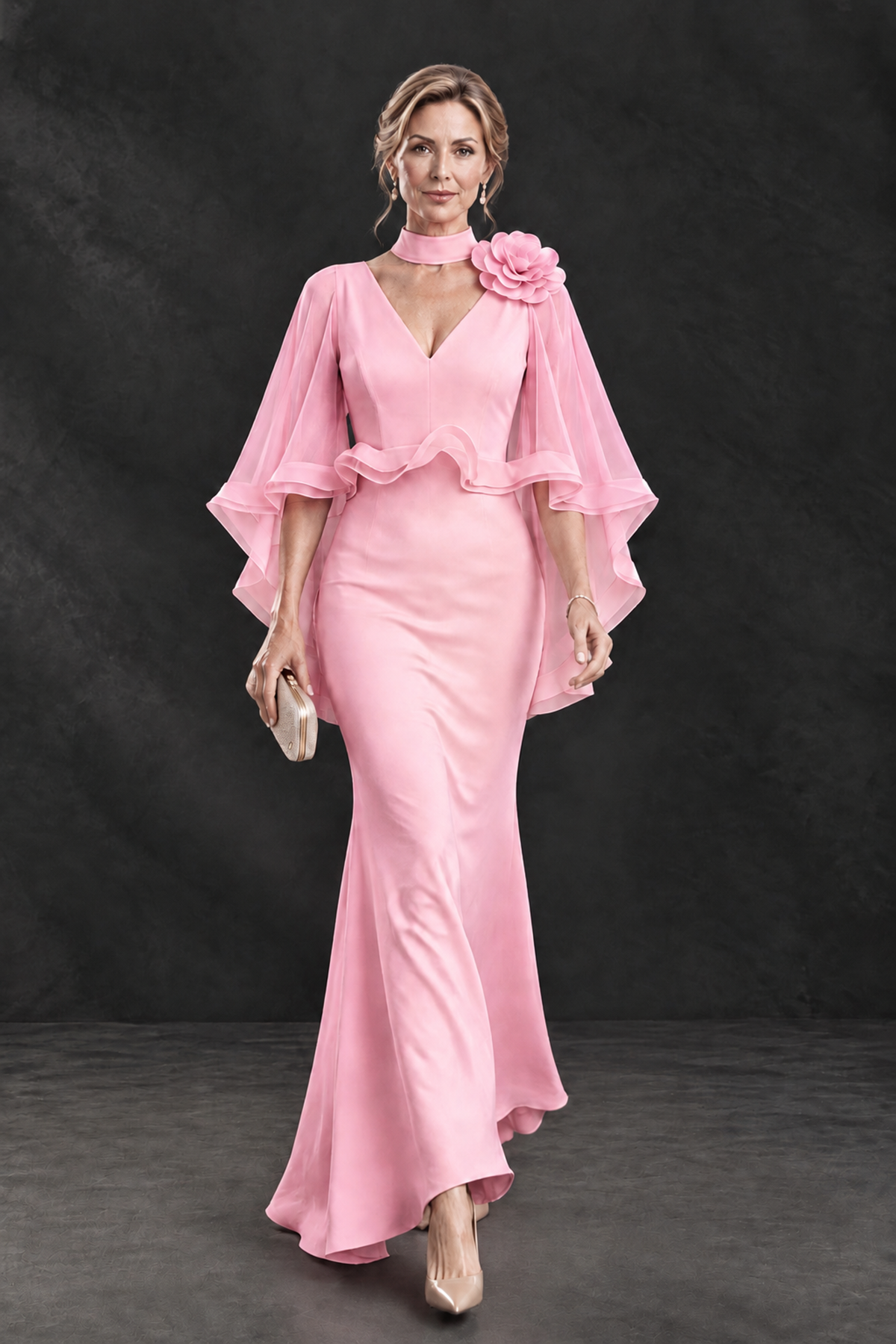 BOLODOO Pink Floral Cape Sleeve Mother of the Bride Dress - Pink - Pink_4