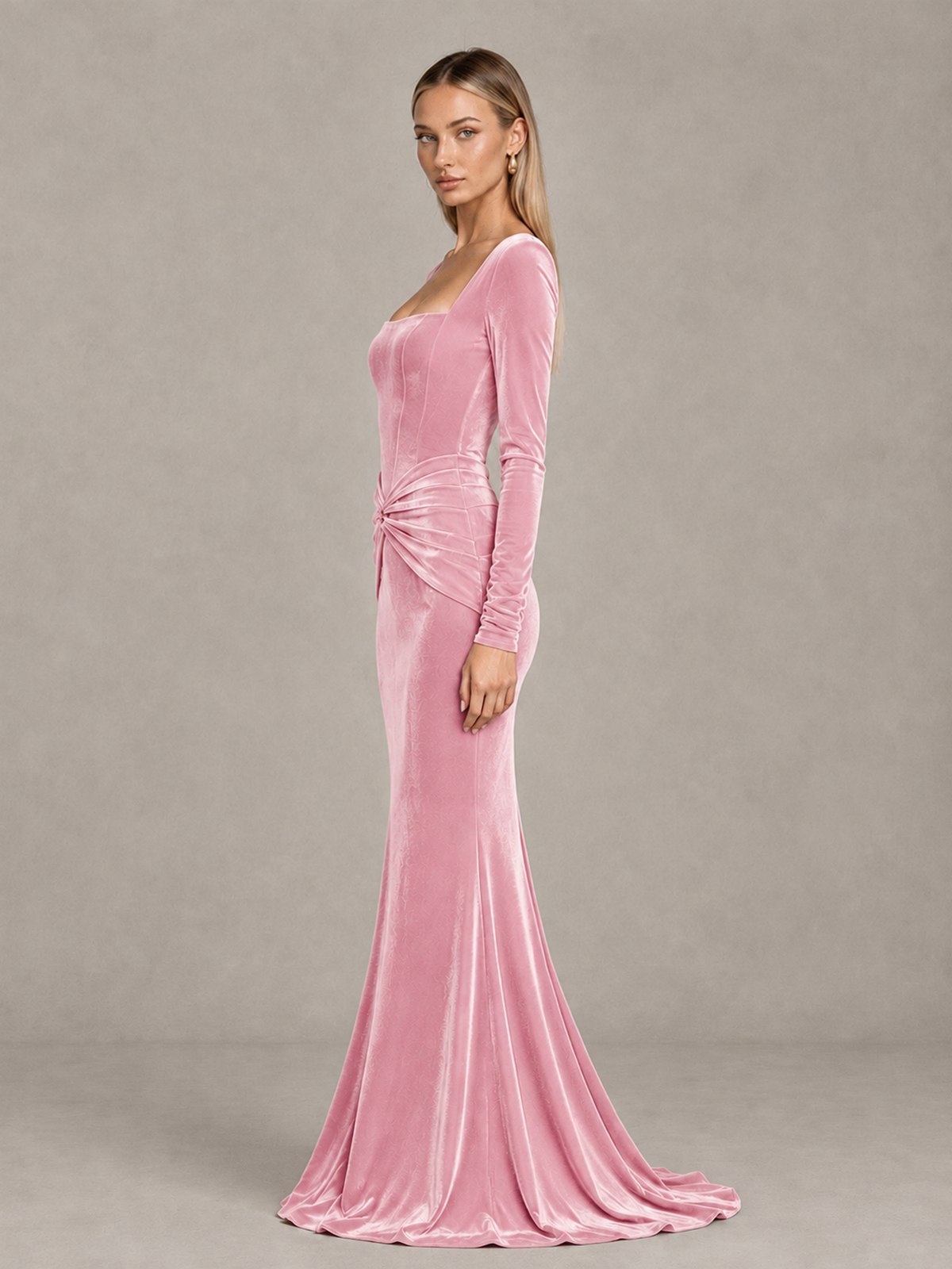 BOLODOO Pink Velvet-Look Square Neck Long Sleeve Mermaid Evening Dress - Pink - Pink_4