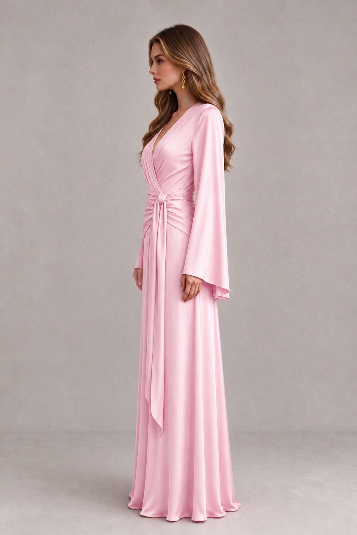 BOLODOO Pink Yellow Satin-Look V-Neck Long Bell Sleeve Evening Dress - Pink - Pink_4